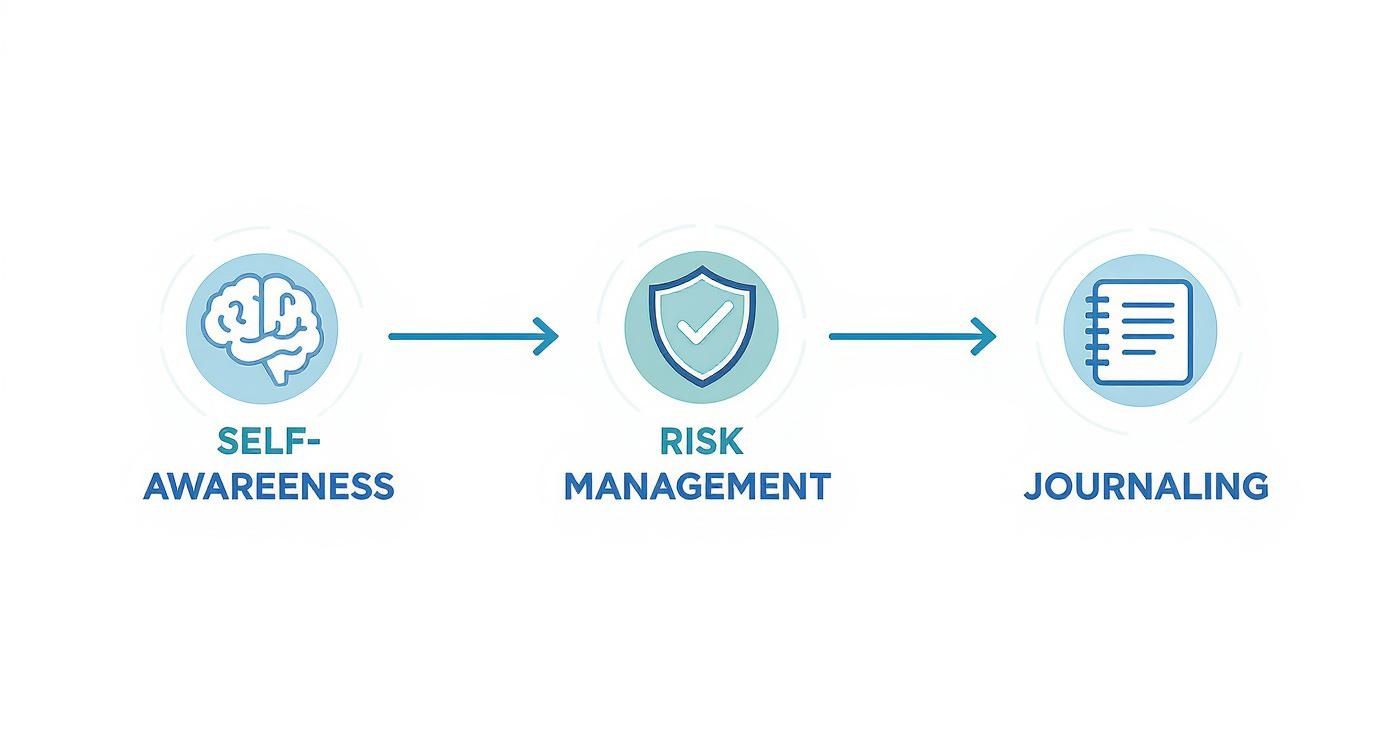 Flowchart showing self-awareness with a brain icon, leading to risk management with a shield icon, then to journaling with a notebook icon. Arrows connect each step in a sequential process.
