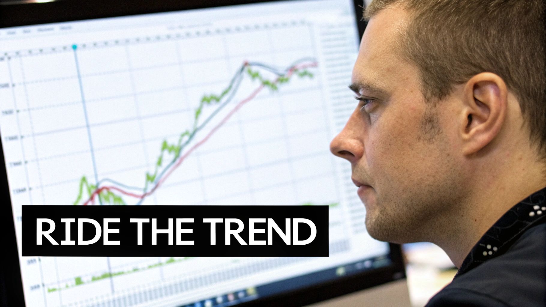A man intently watches a financial trend graph on a computer screen, with 'RIDE THE TREND' text.
