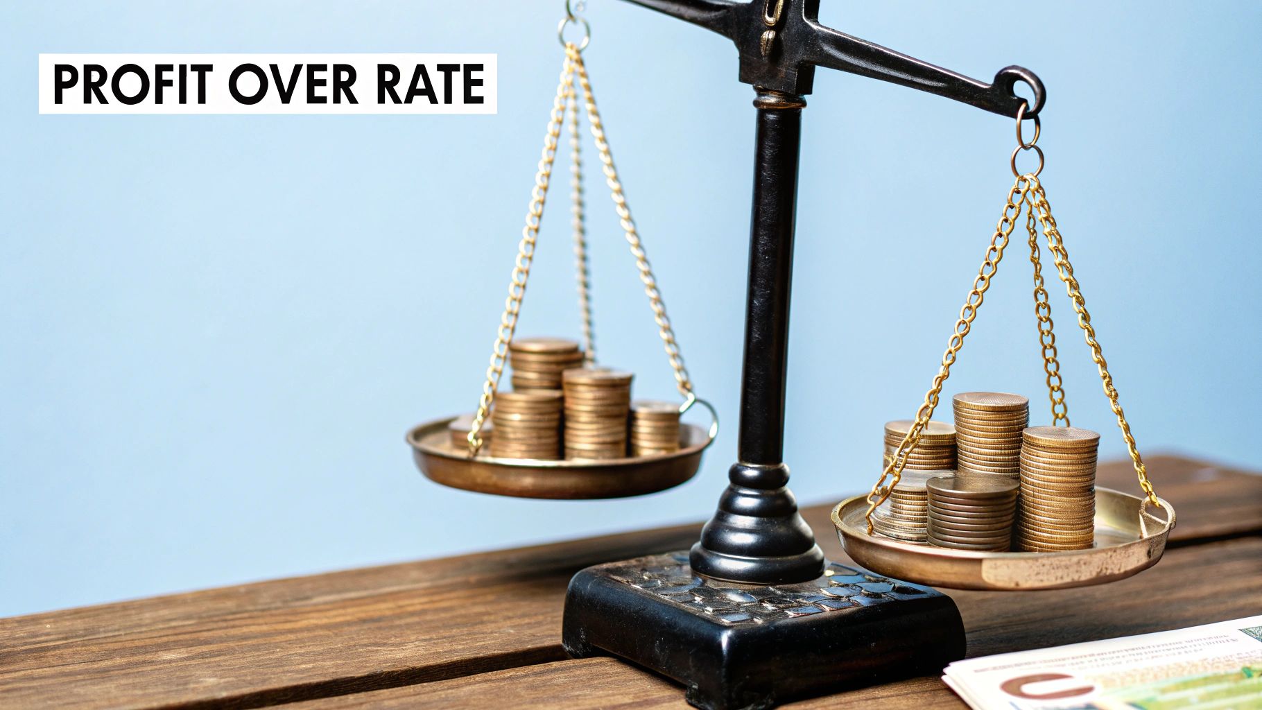 A stylized balance scale weighing small, numerous winning trades against a few large losing trades, visually representing the profit factor concept.