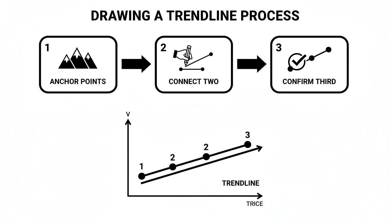 A visual guide illustrating the three-step process of drawing a trendline on a graph.