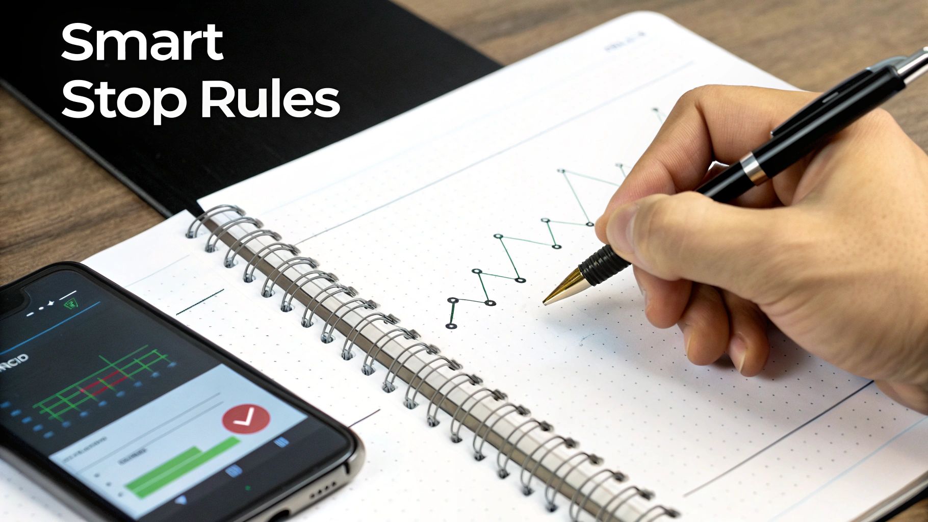 A hand draws a chart in a notebook next to a smartphone displaying financial data.