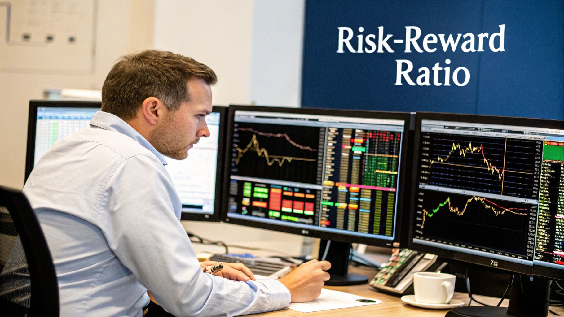 A hand drawing a risk-reward ratio chart on a whiteboard, illustrating the concept.