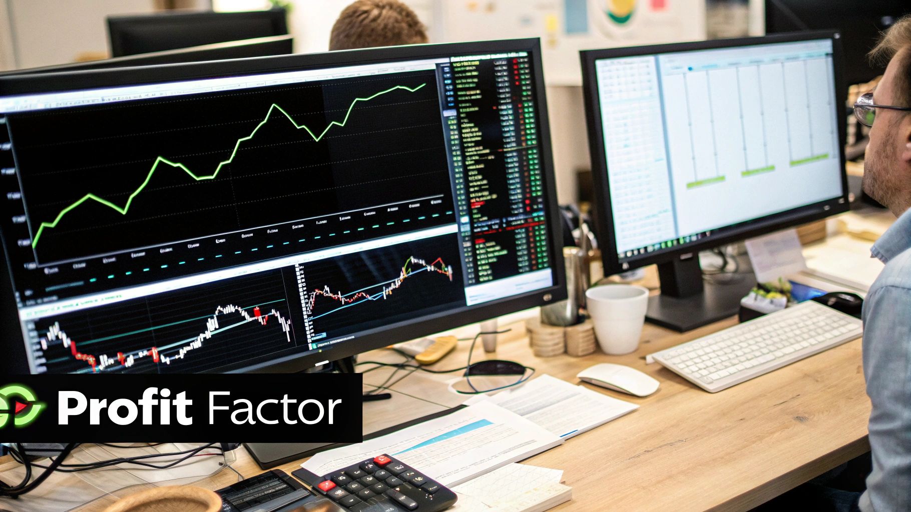 A trader analyzing financial charts on multiple screens, representing performance analysis.