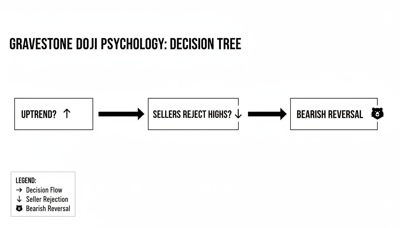 Decision tree illustrating Gravestone Doji psychology: from uptrend to seller rejection and bearish reversal.