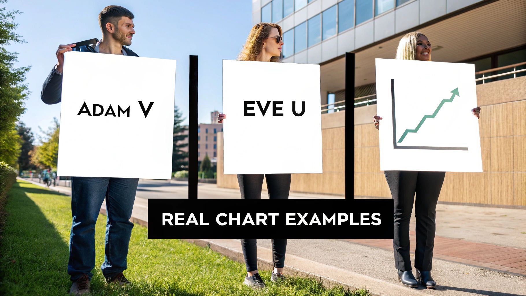 Three people holding signs outdoors, displaying 'Adam V', 'Eve U', and an upward trend chart.