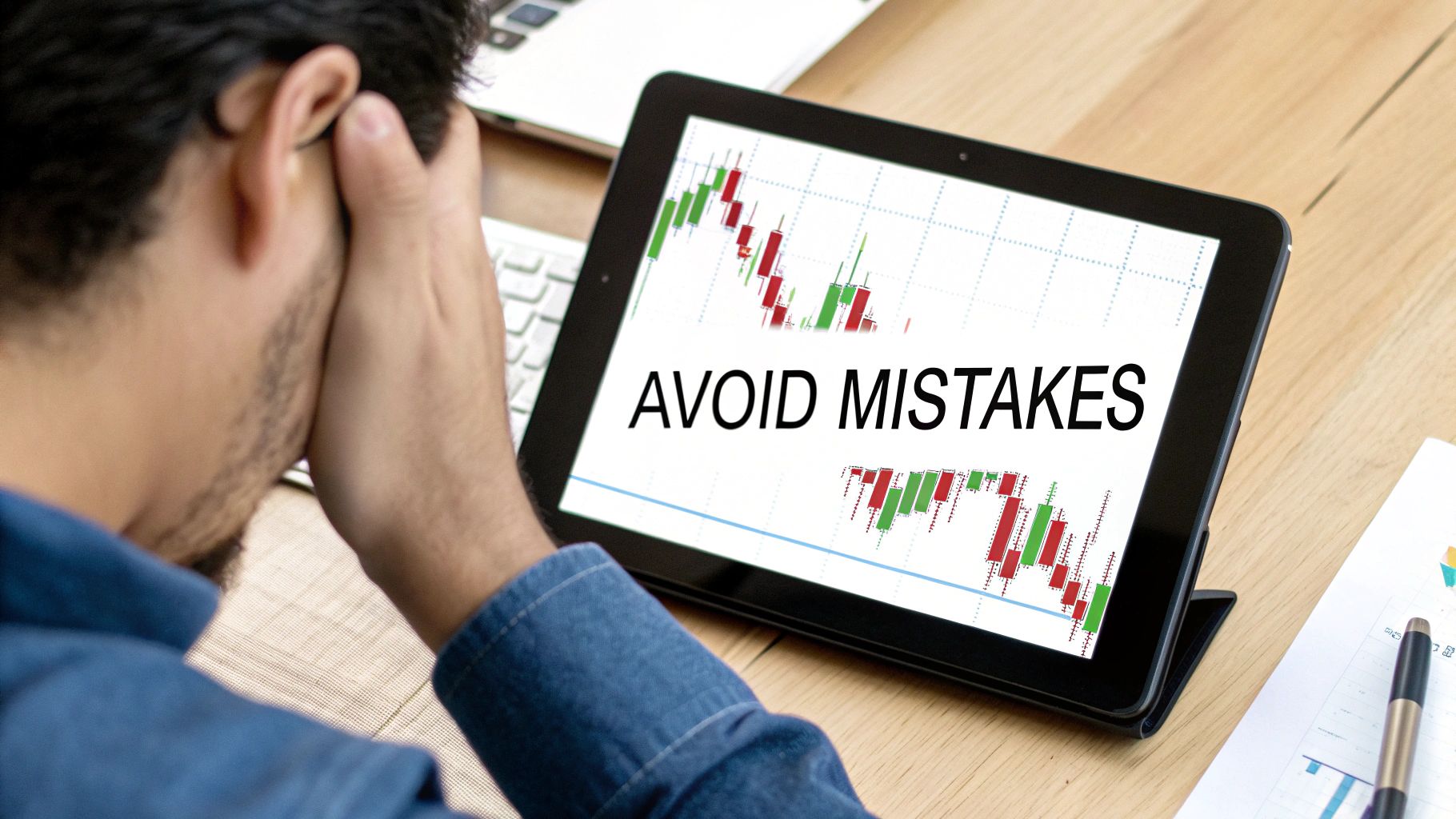 A man looks stressed, holding his head, while a tablet screen shows a stock chart and 'AVOID MISTAKES'.
