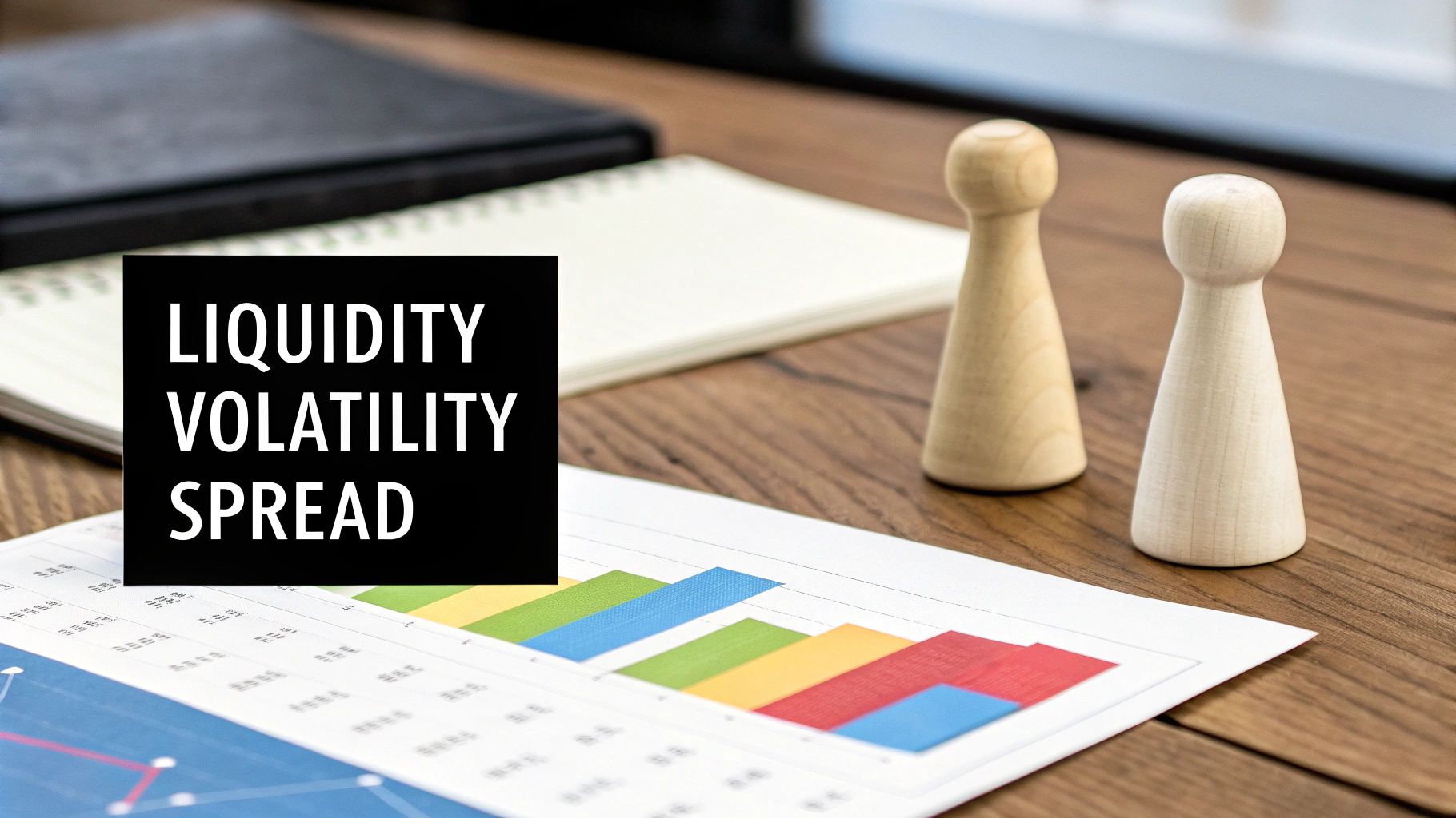 Financial documents, charts, and pawns on a wooden desk, highlighting 'LIQUIDITY VOLATILITY SPREAD'.