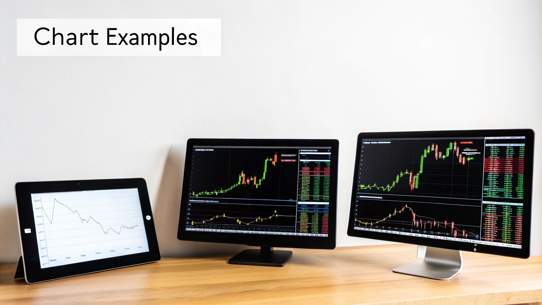 Three digital screens display various financial charts, including candlestick and line graphs, on a wooden desk.