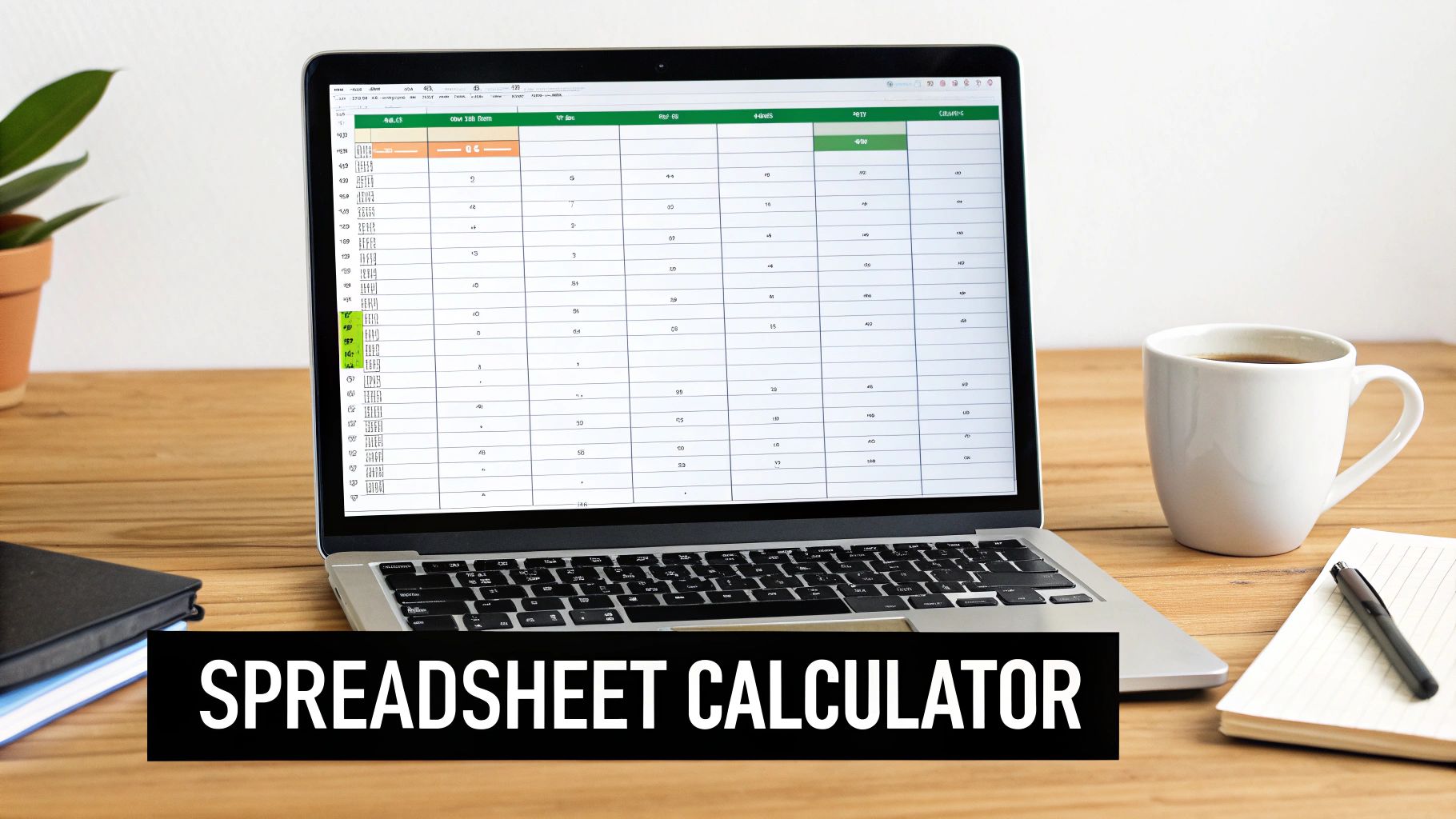 A laptop displaying a spreadsheet calculator on a wooden desk with a coffee mug, plant, and notebook.