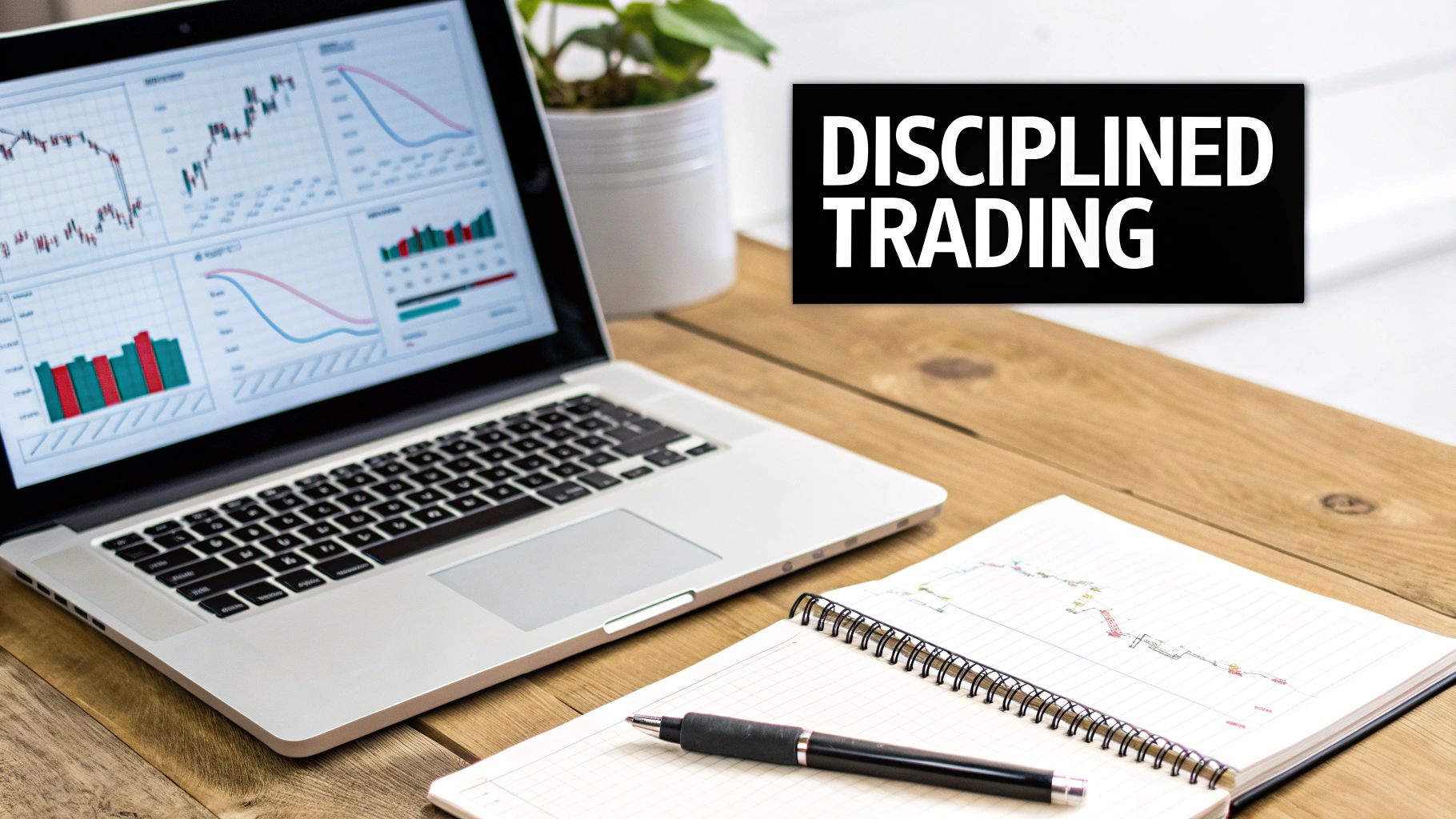 A laptop displays financial charts next to a notebook and pen, highlighting disciplined trading.