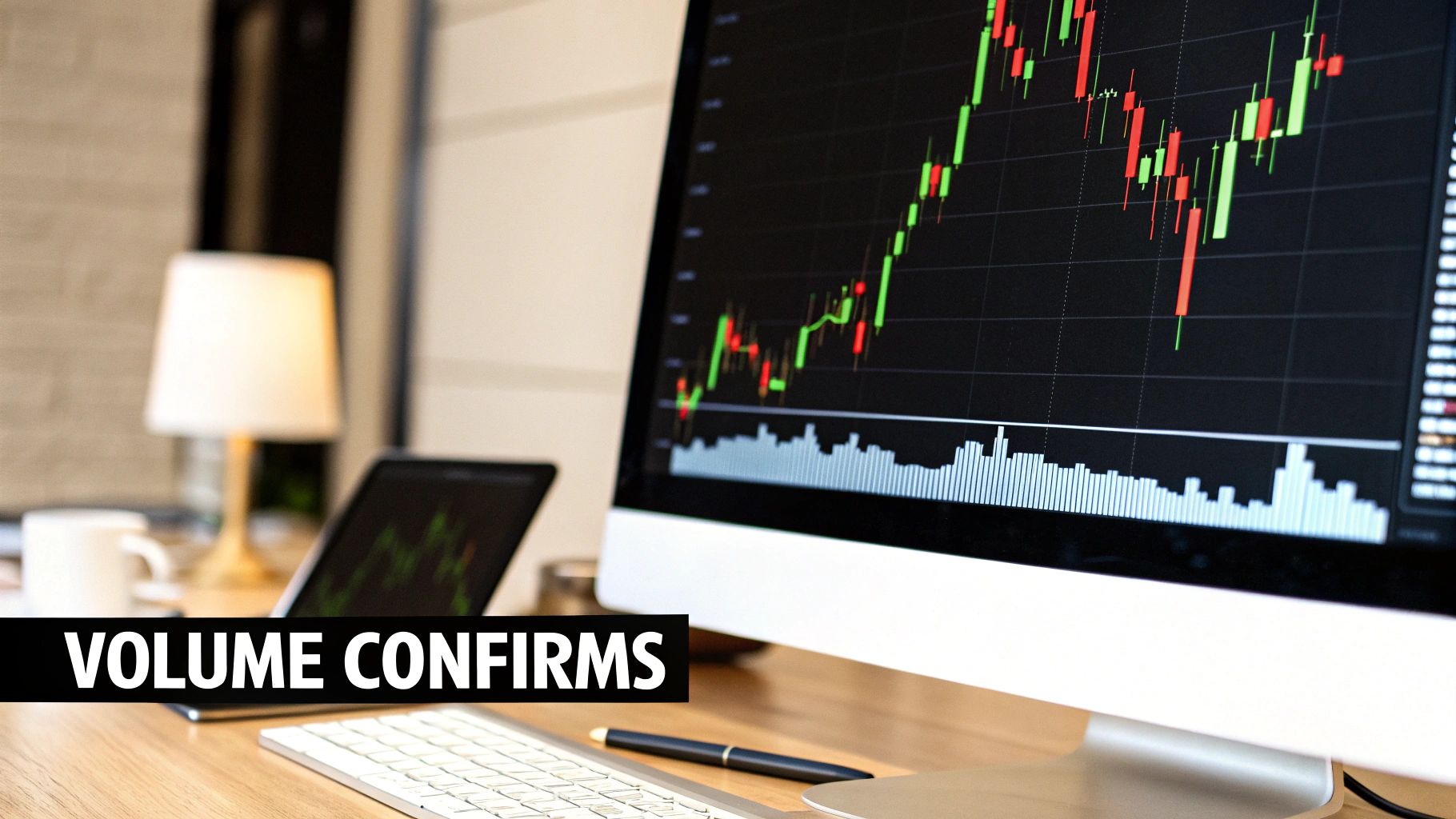 Trading volume chart confirms price movement on computer monitor displaying candlestick patterns and technical analysis