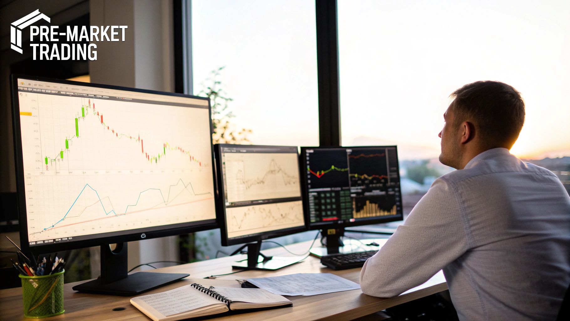 A trader analyzing pre-market charts on a multi-monitor setup in a dimly lit room.