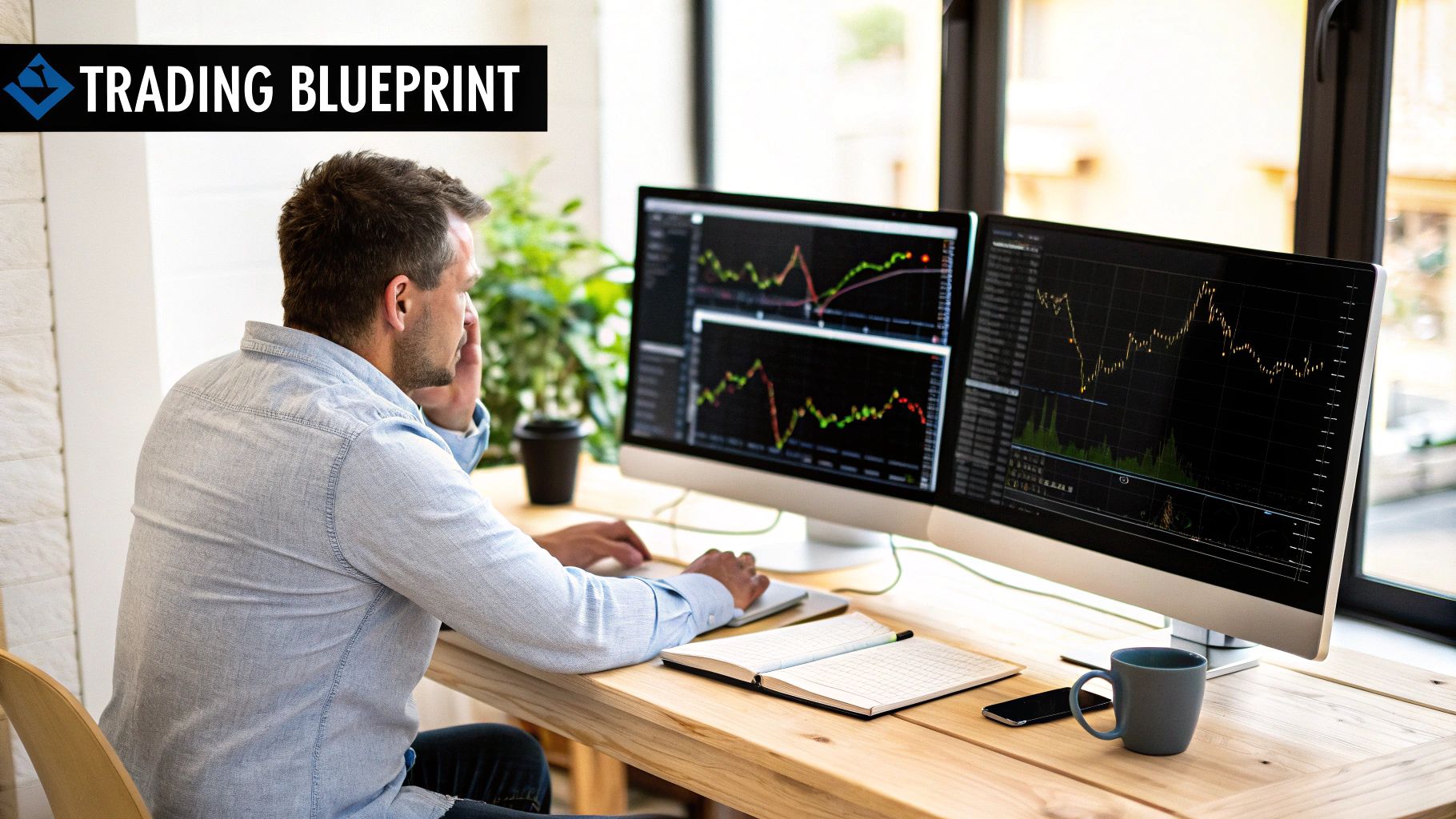 A person at a home desk setup with multiple monitors showing financial charts, focused on day trading.