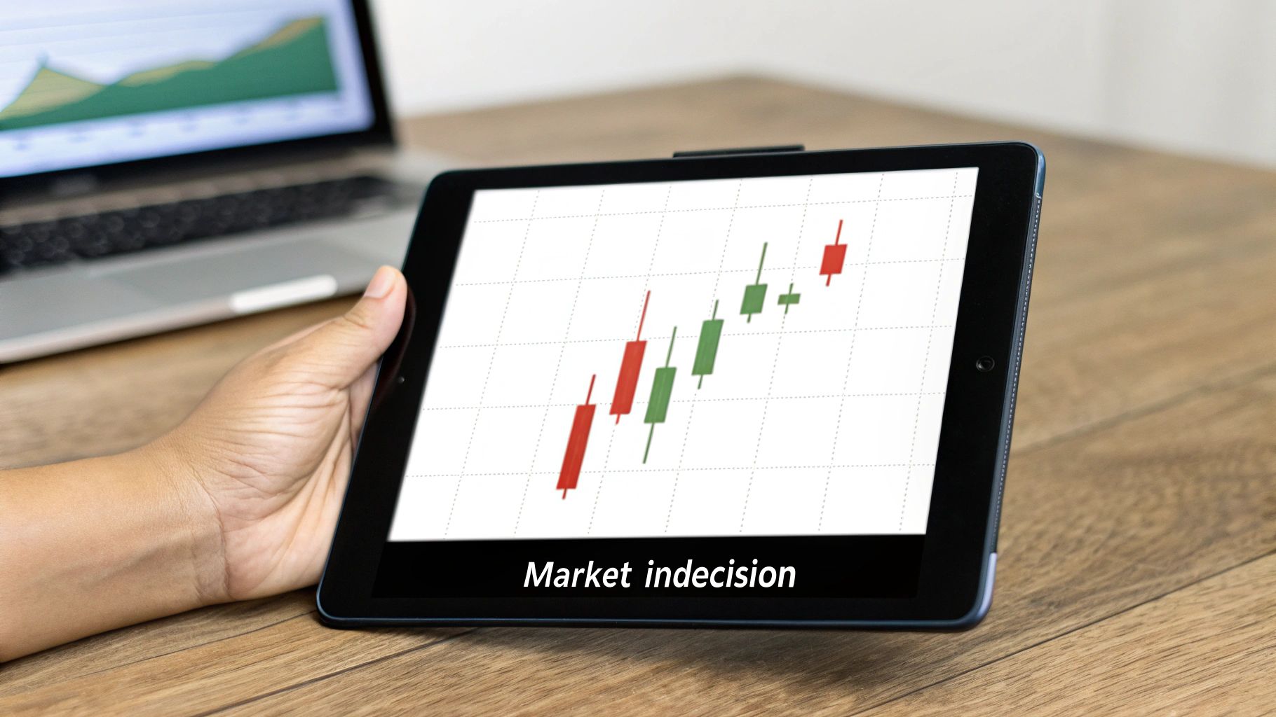 A hand holds a tablet displaying a candlestick chart with 'Market indecision' text on a wooden desk.