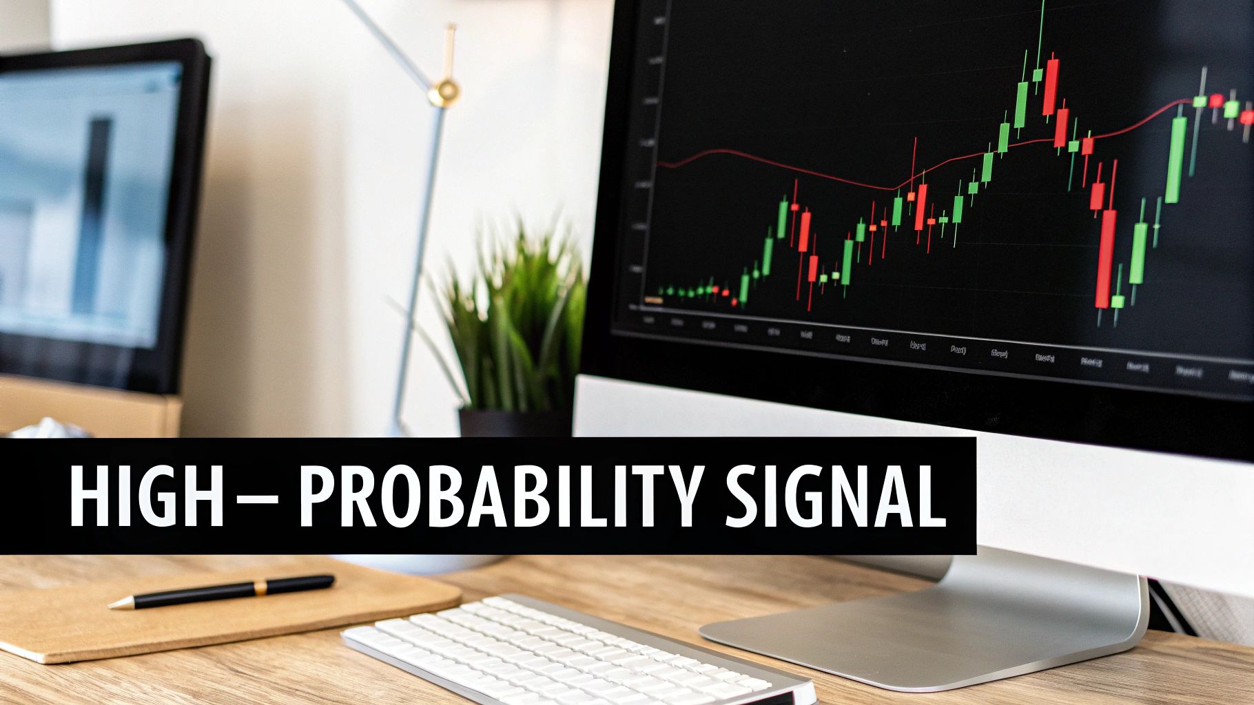 Financial trading setup with computer monitors displaying candlestick charts and a 'HIGH-PROBABILITY SIGNAL' text overlay.