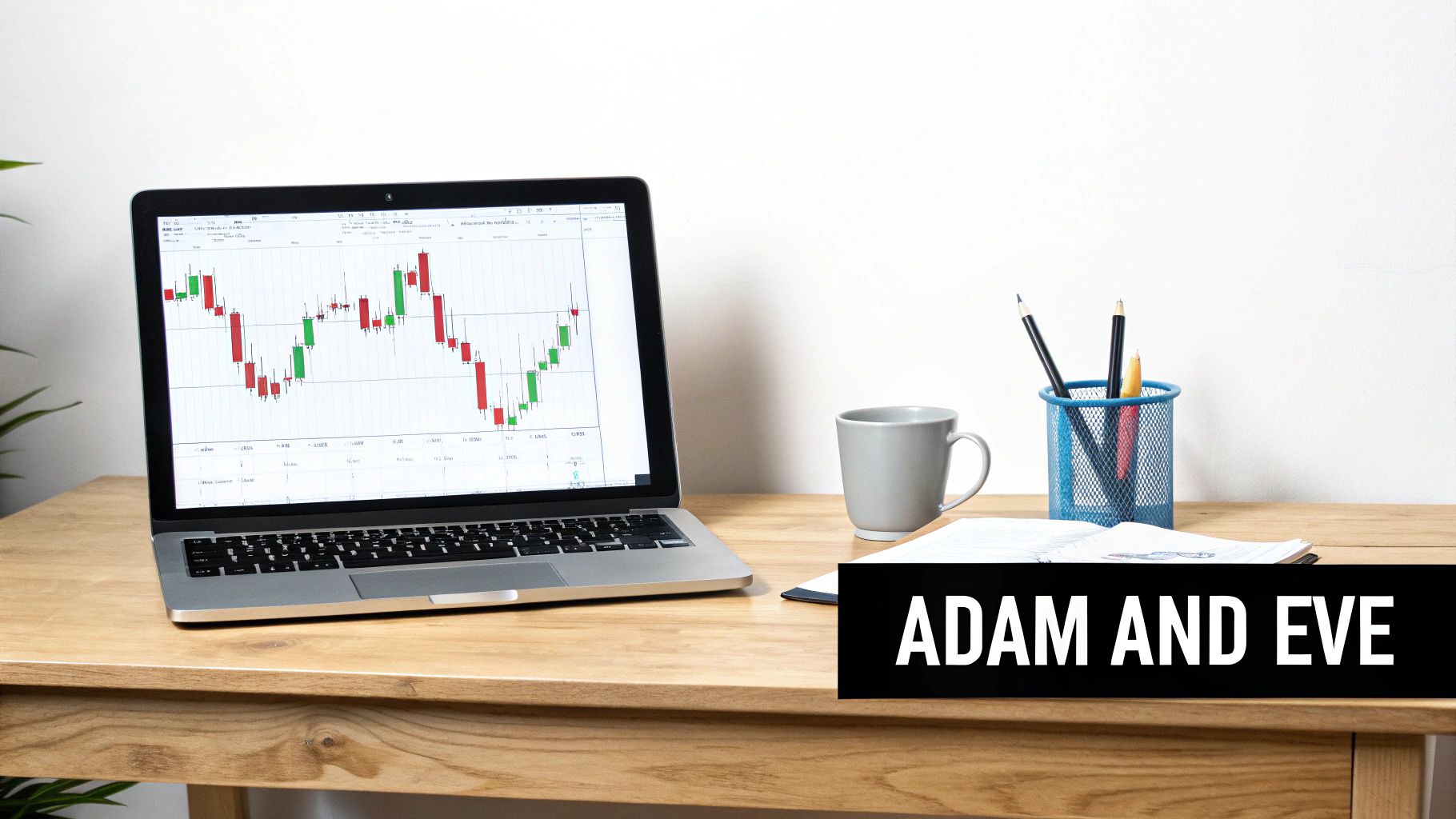 A laptop displays a financial candlestick chart on a wooden desk with a grey mug and pens.