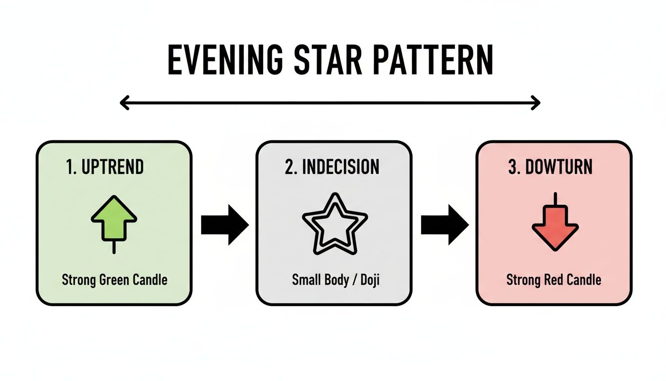 Diagram illustrating the Evening Star candlestick pattern, showing uptrend, indecision, and downturn stages.