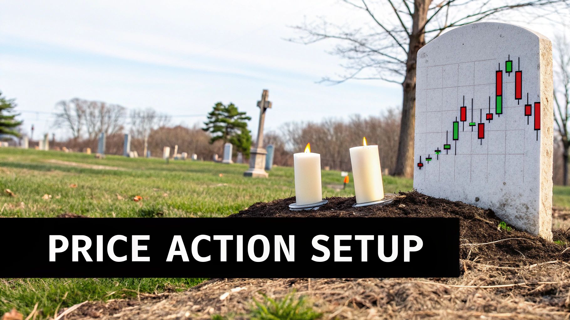 A gravestone with a candlestick chart and two lit candles in a cemetery, with 'PRICE ACTION SETUP' text.