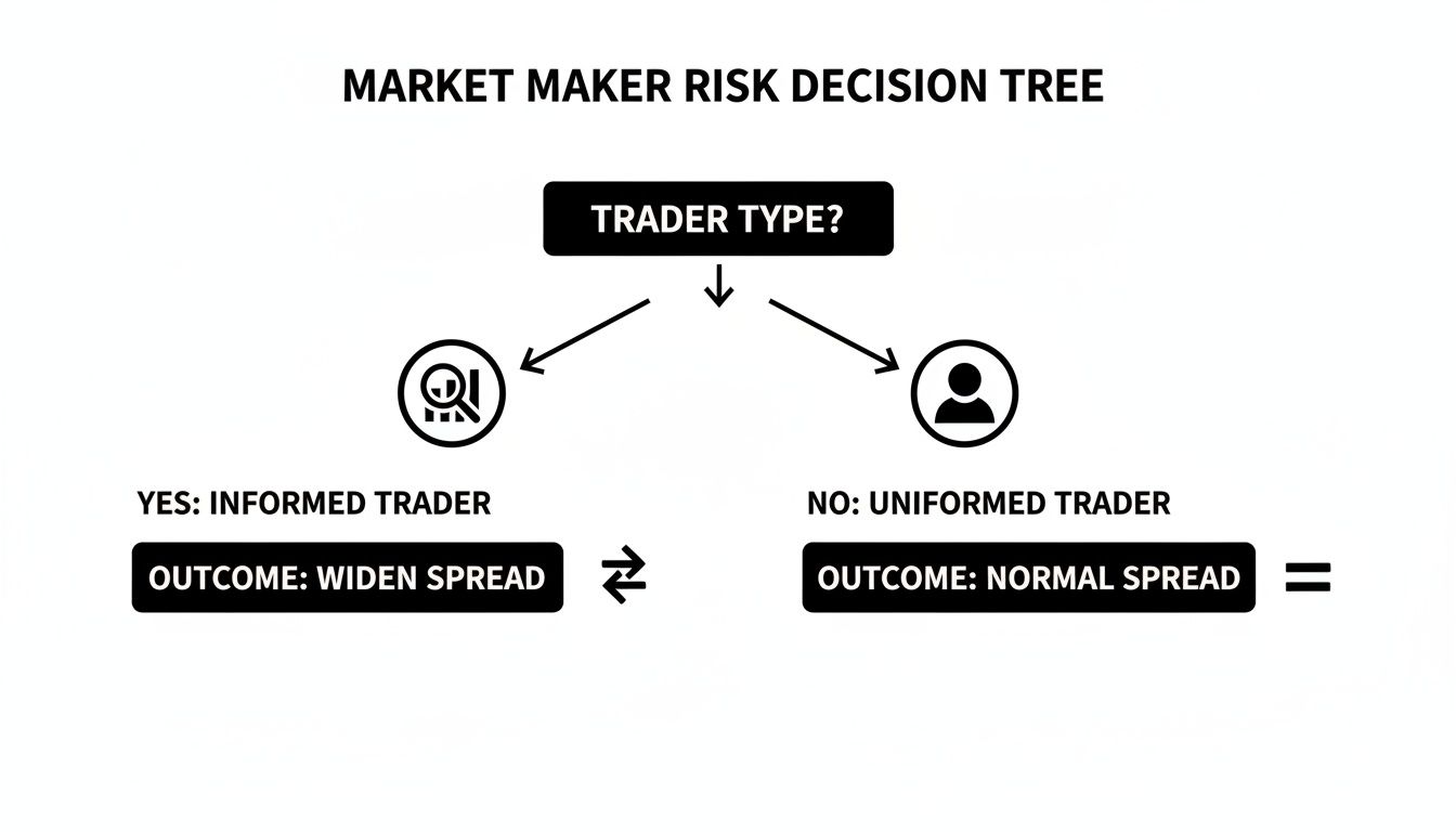 Decision tree for market makers evaluating trader type (informed/uninformed) and its effect on bid-ask spreads.