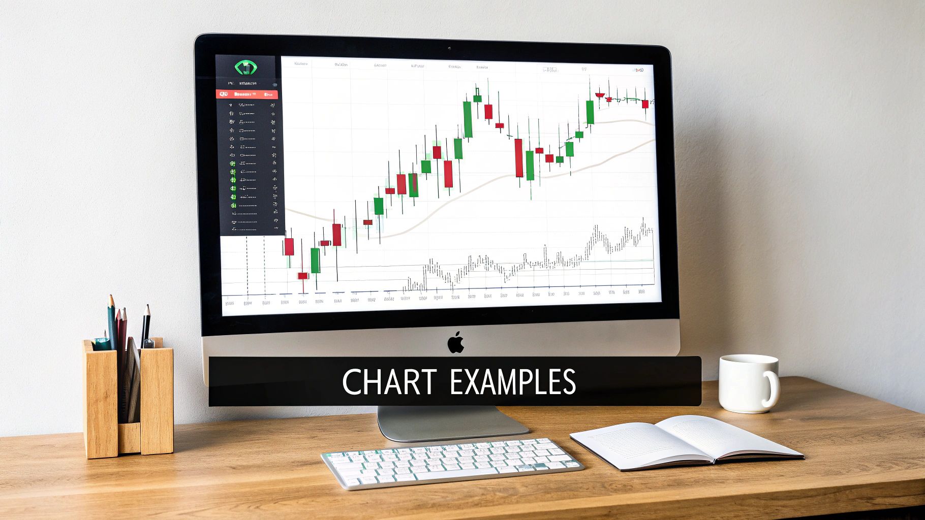 An Apple iMac displays a financial candlestick chart on a wooden desk with a keyboard, notebook, and coffee mug.