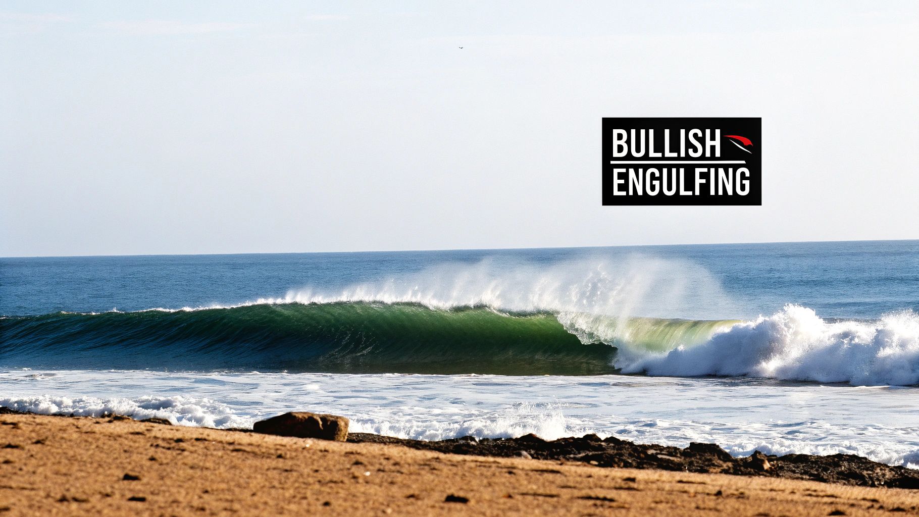A powerful green ocean wave crashes near a sandy beach under a clear sky, with a 'BULLISH ENGULFING' logo overlay.