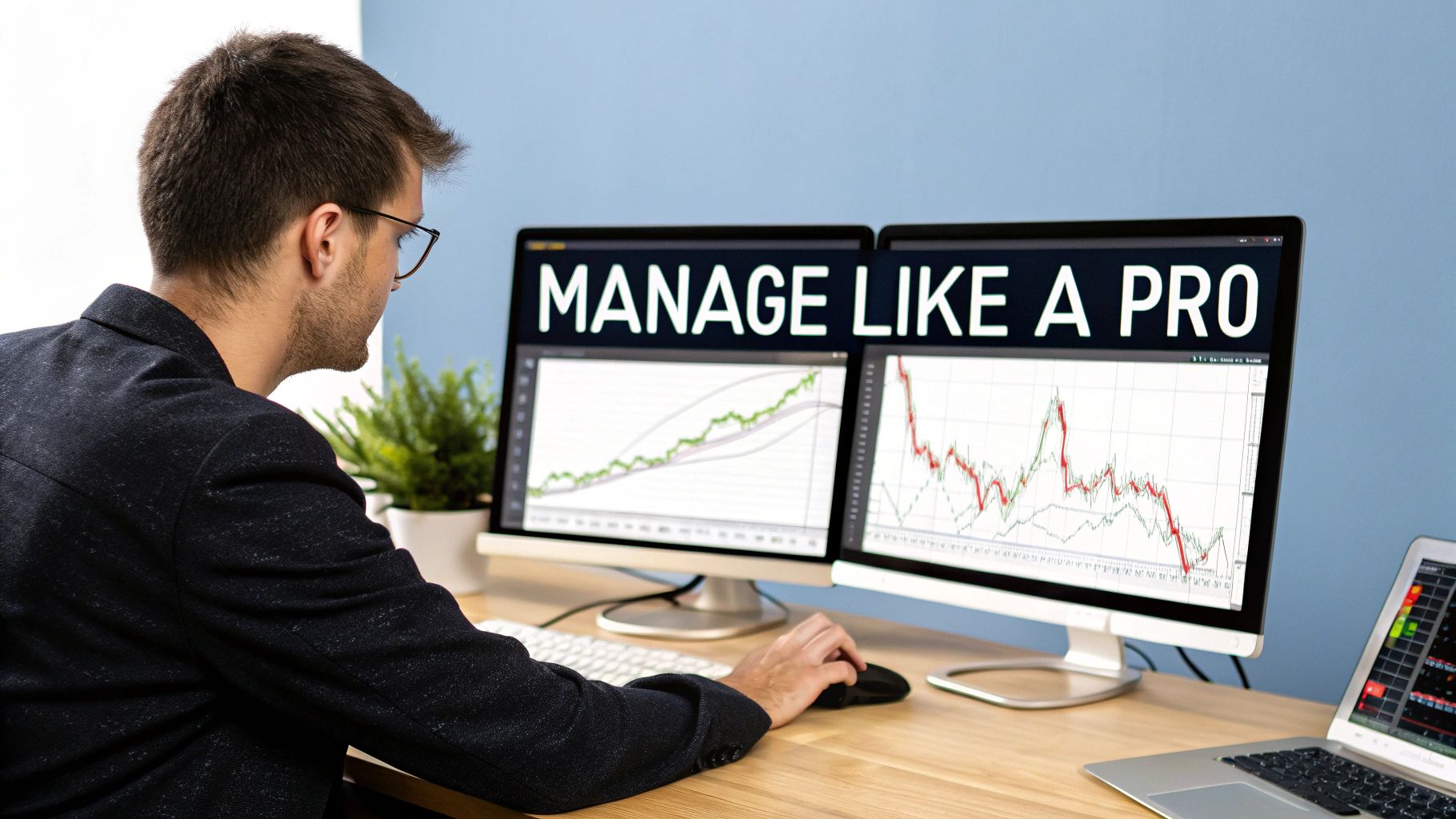 A man in a blazer and glasses uses a computer mouse while viewing stock charts on dual monitors.