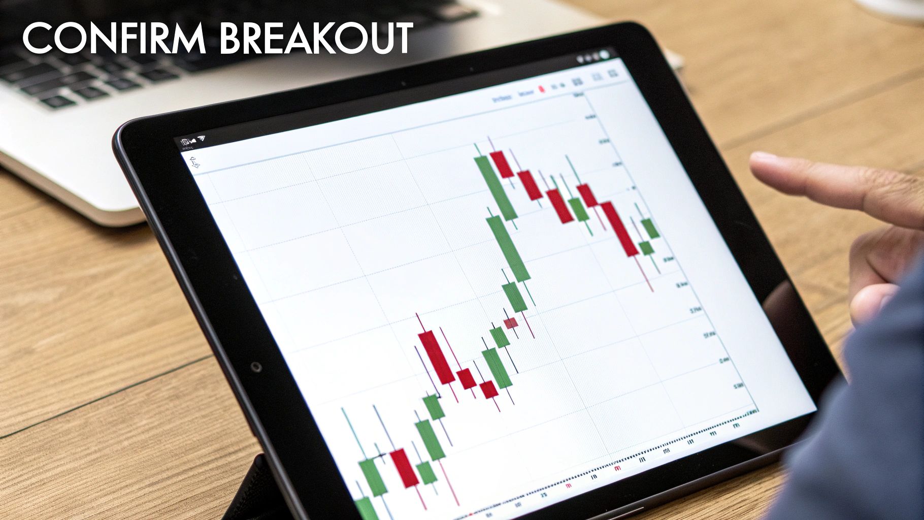 A hand pointing at a tablet displaying a financial candlestick chart, with 'CONFIRM BREAKOUT' text.