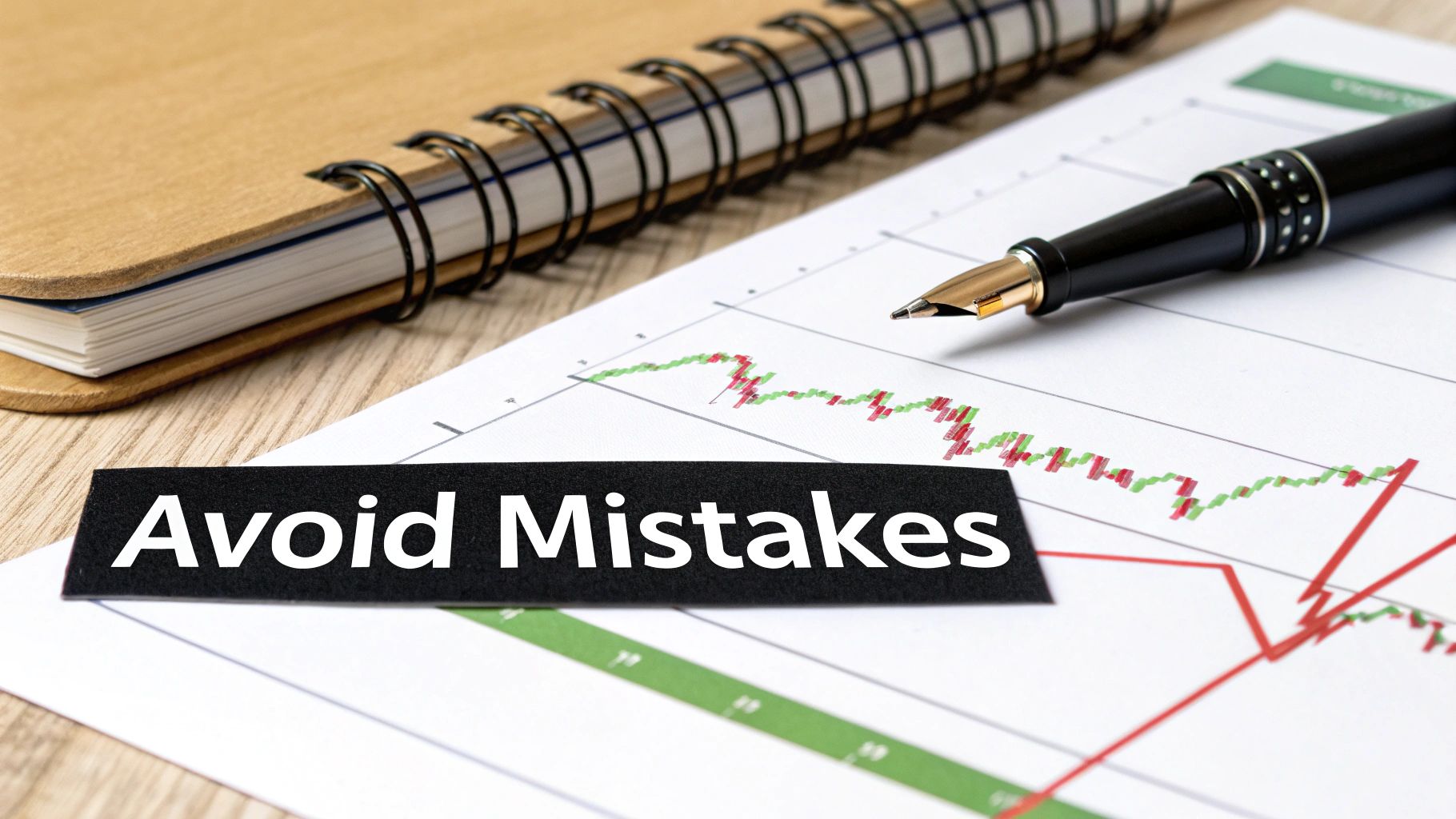 A black label with 'Avoid Mistakes' text on a financial graph next to a pen and notebook.