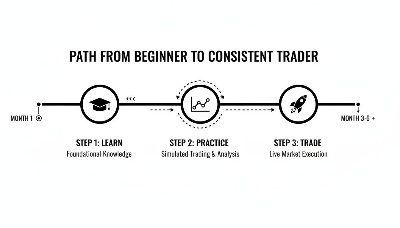 An infographic showing the path from beginner to consistent trader with steps: Learn, Practice, Trade.