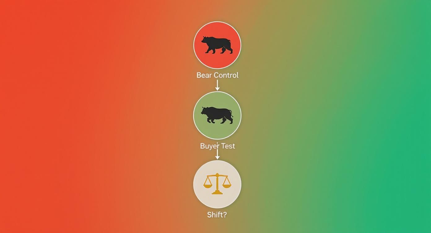 Financial market stages flowchart showing bear control, buyer test, and potential trend shift with animal and scale icons