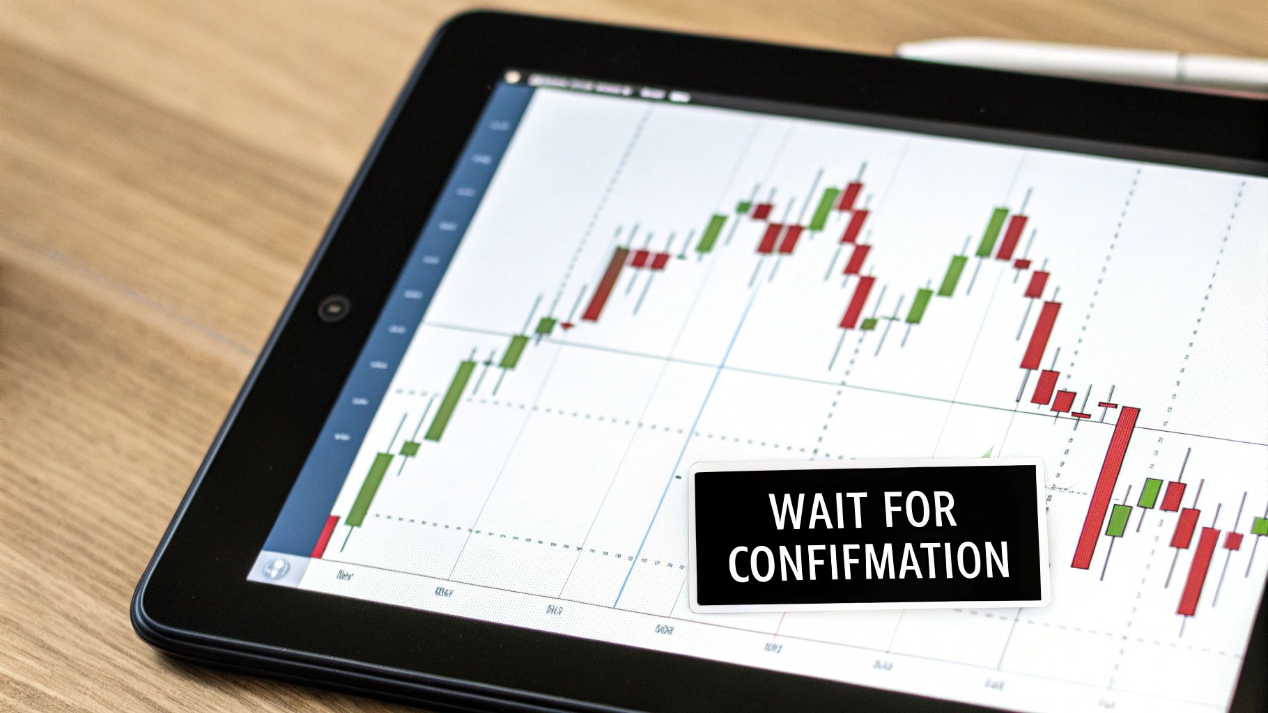 Trading chart with candlestick patterns displaying wait for confirmation message on tablet screen