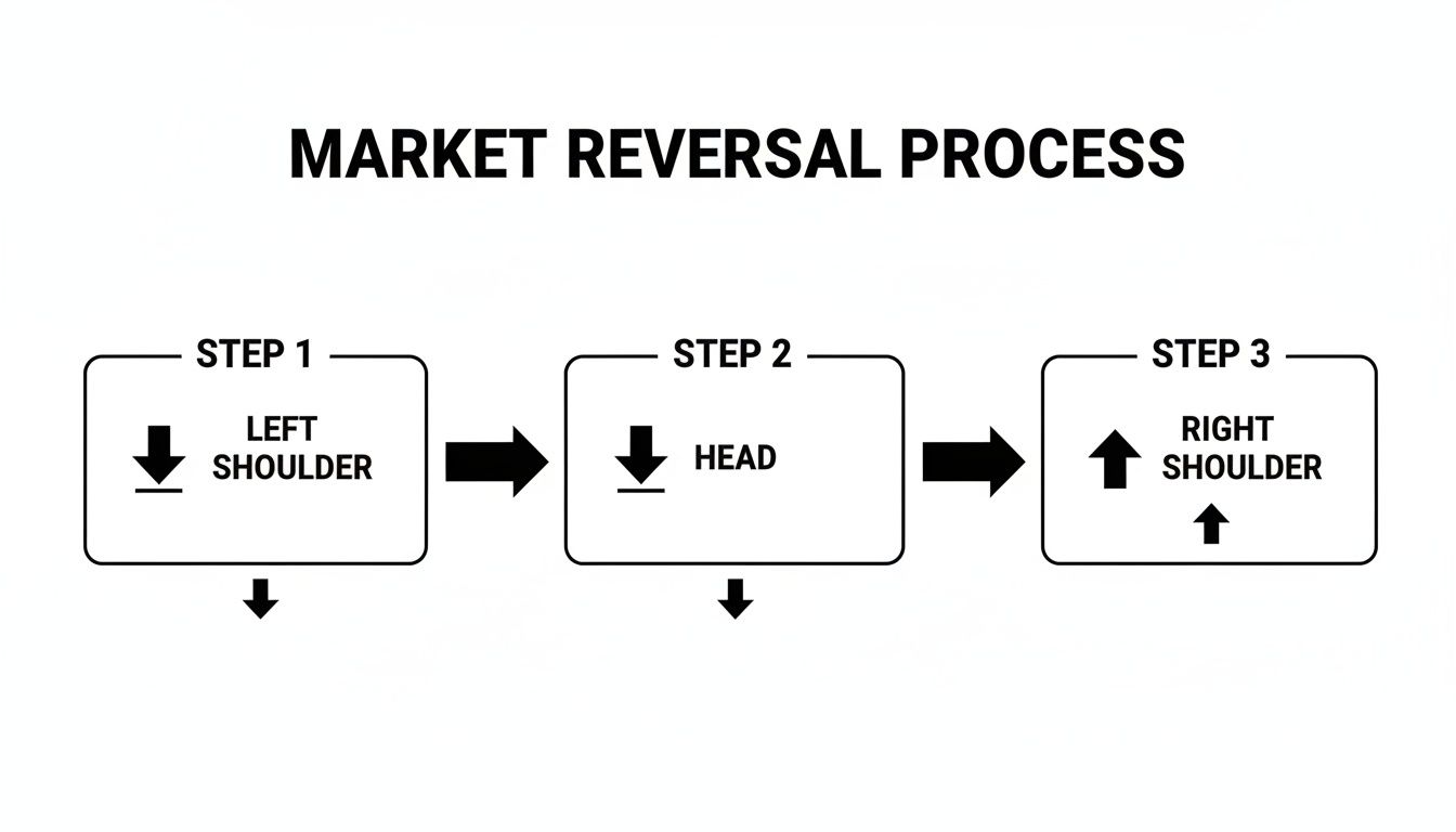 A diagram illustrating the three steps of an inverted head and shoulders market reversal process.