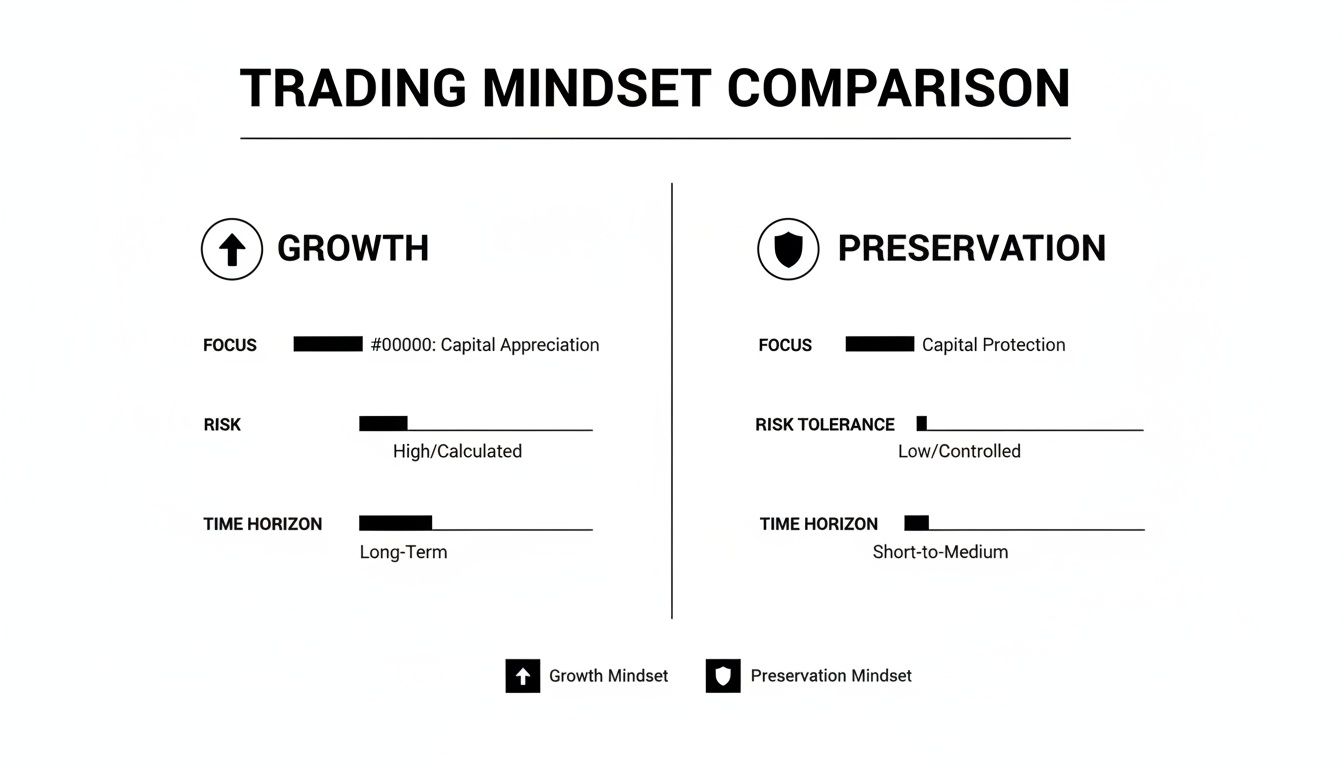 A comparison chart of trading mindsets, Growth vs. Preservation, detailing focus, risk, and time horizon.