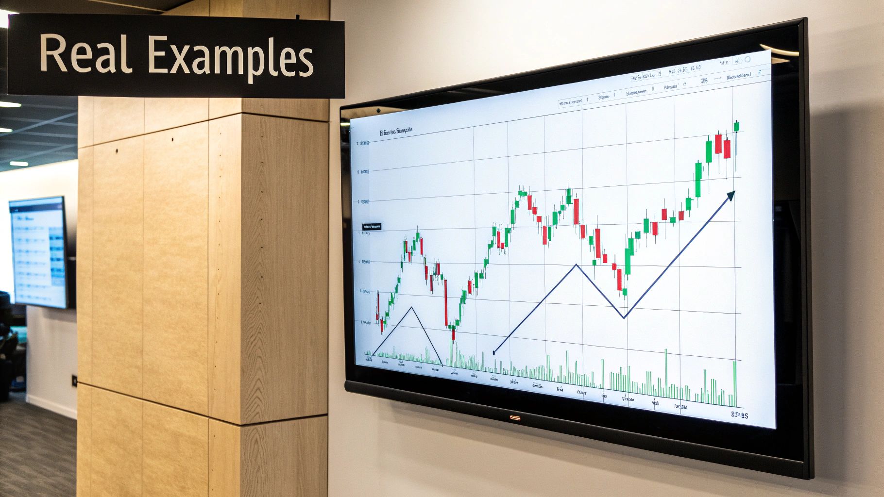 Financial trading screen displaying candlestick chart with triple top pattern and volume indicators