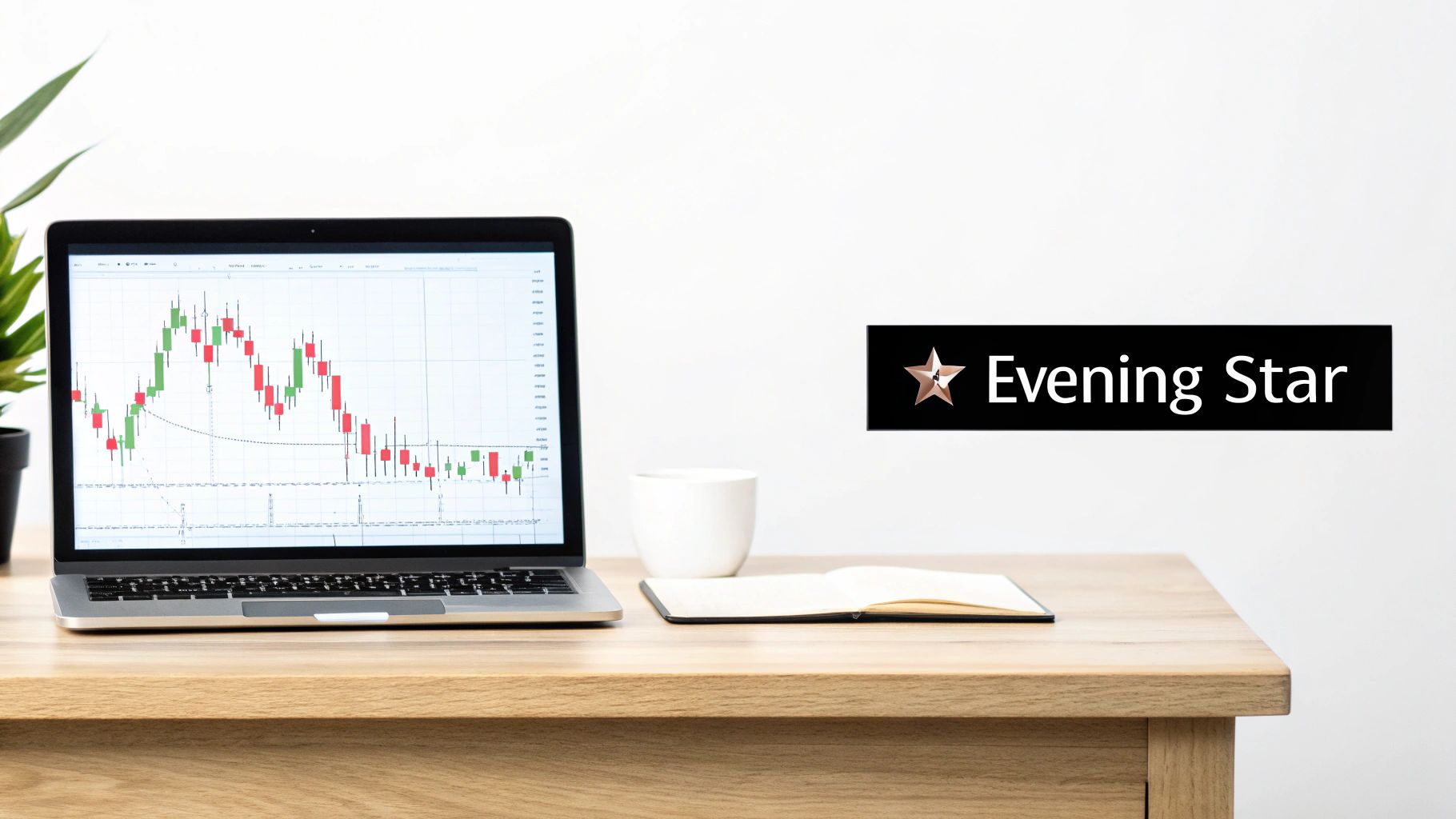 A laptop displaying a detailed financial candlestick chart on a wooden desk, with an Evening Star logo.