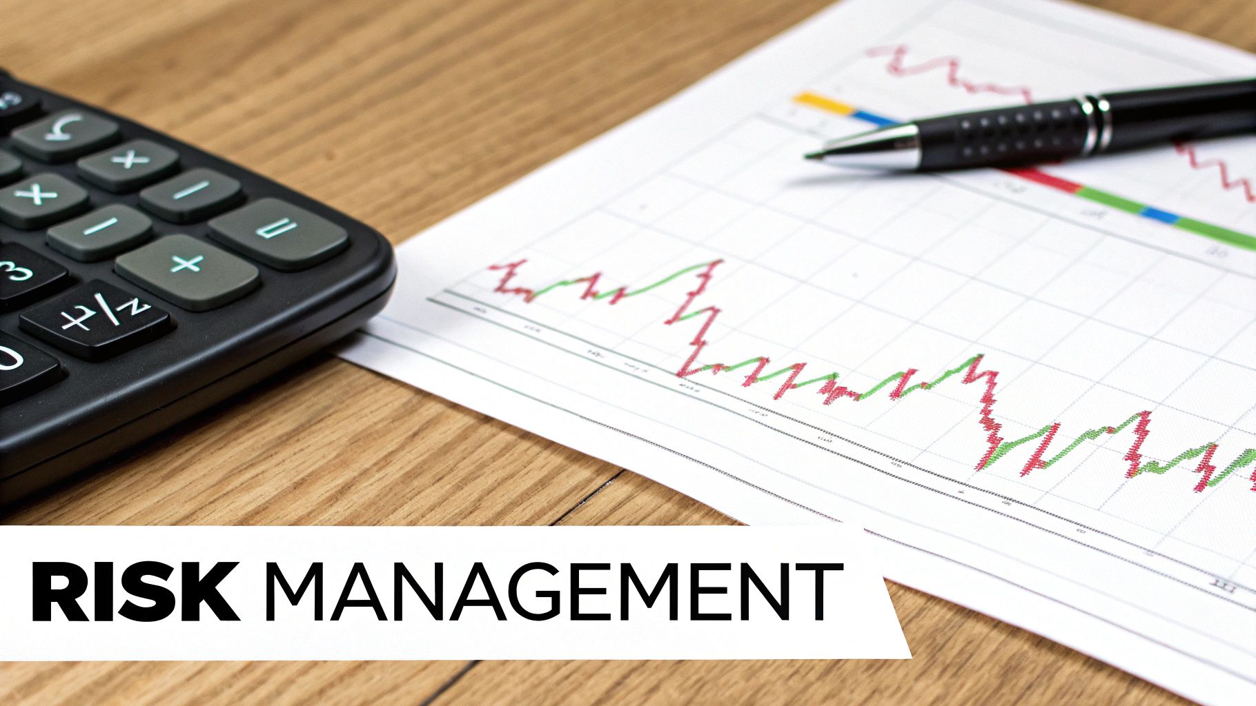 A calculator and charts representing risk management in trading