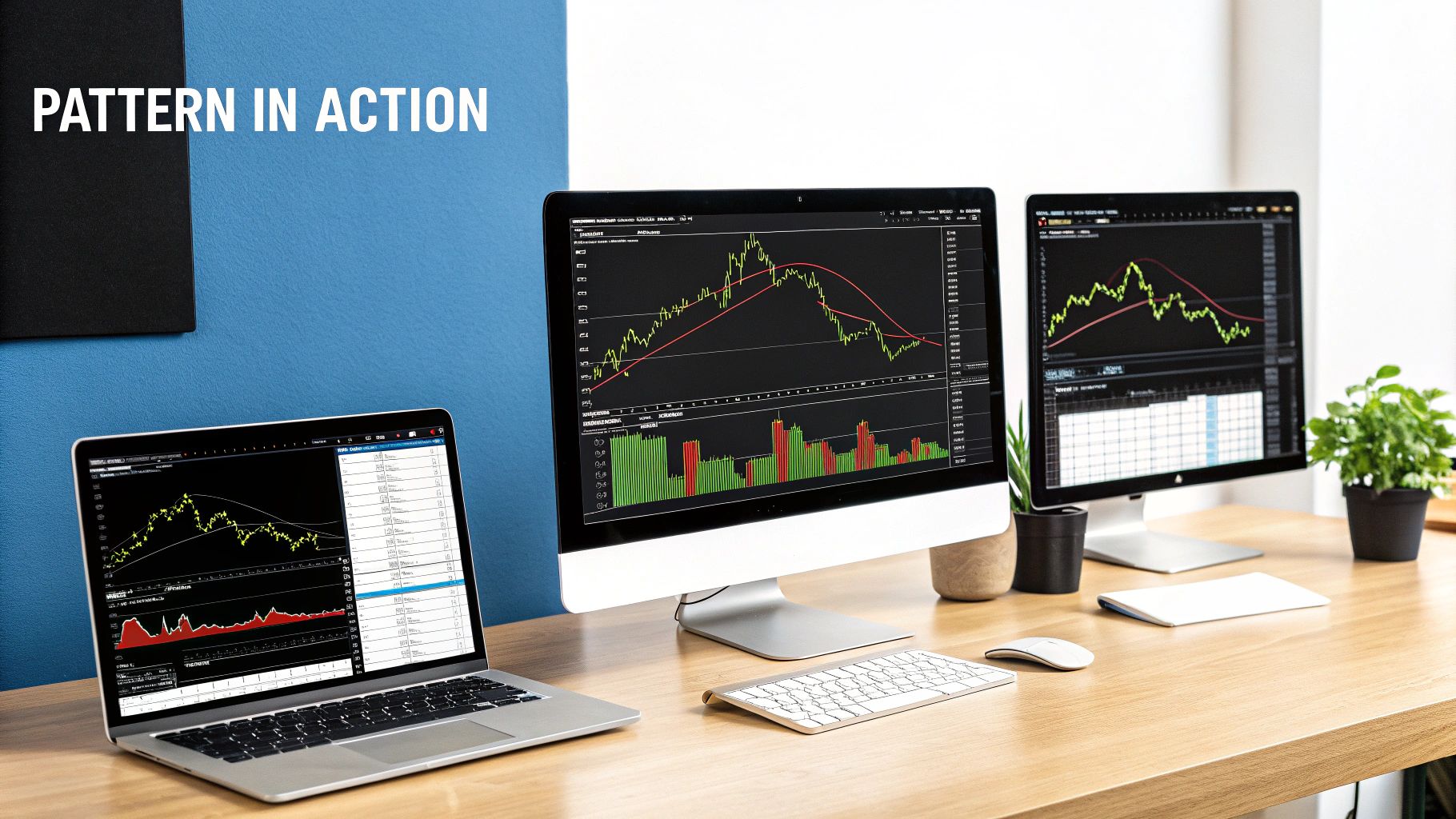A modern desk setup with a laptop and two monitors displaying financial trading charts and data.