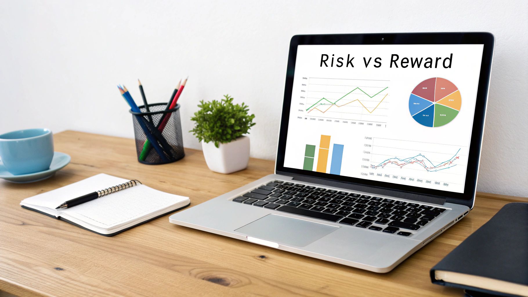 A trader analyzing charts with risk-reward indicators.