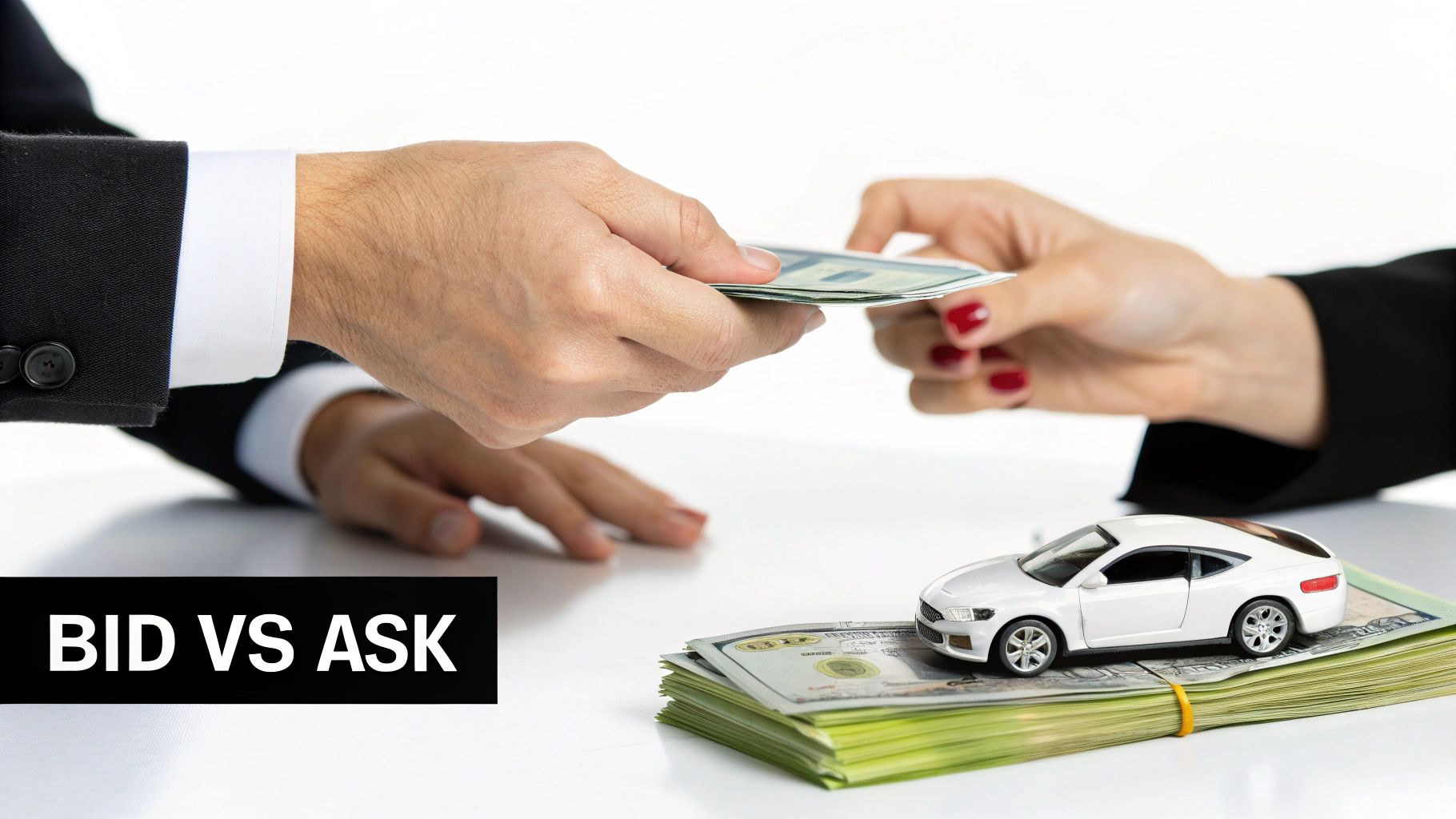 Two hands exchanging money, a toy car on a stack of cash, and 'BID VS ASK' text.