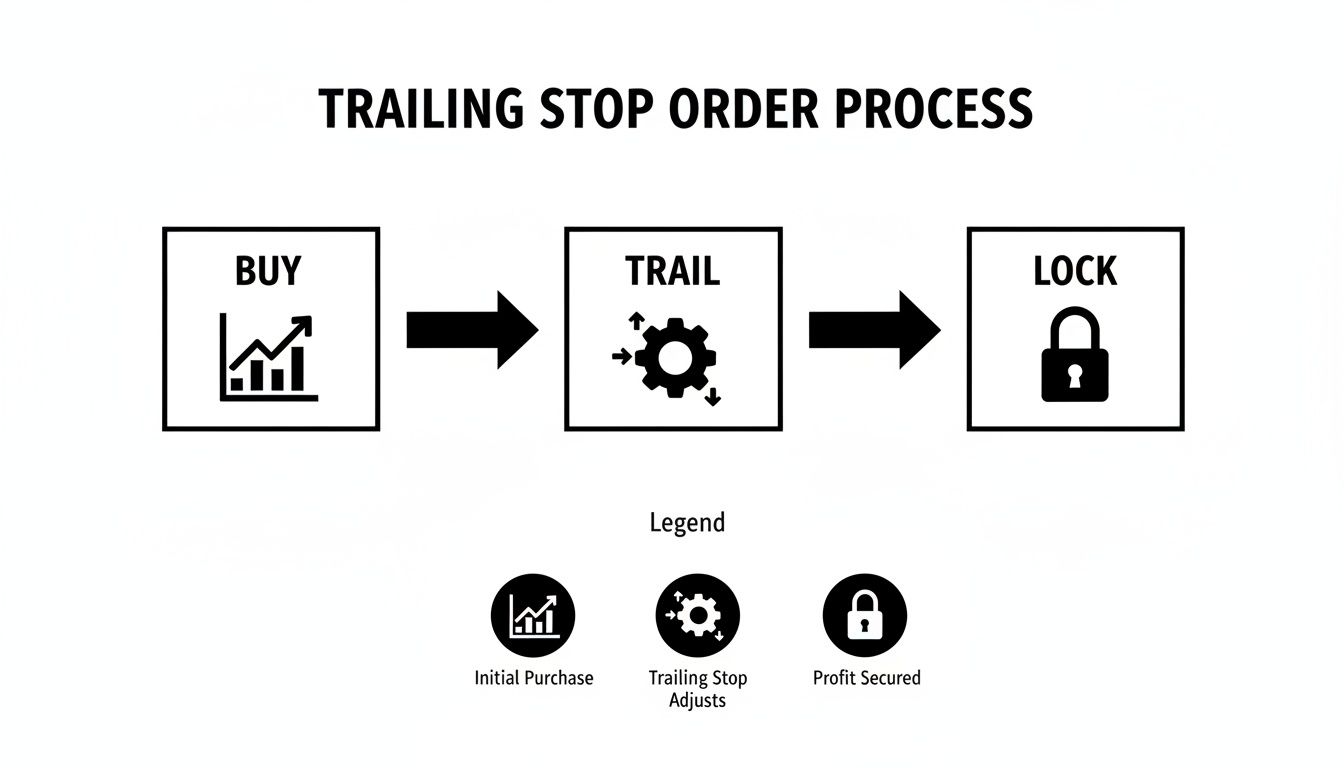 A three-step flowchart showing the trailing stop order process: Initial purchase, trailing stop adjusts, and profit secured.