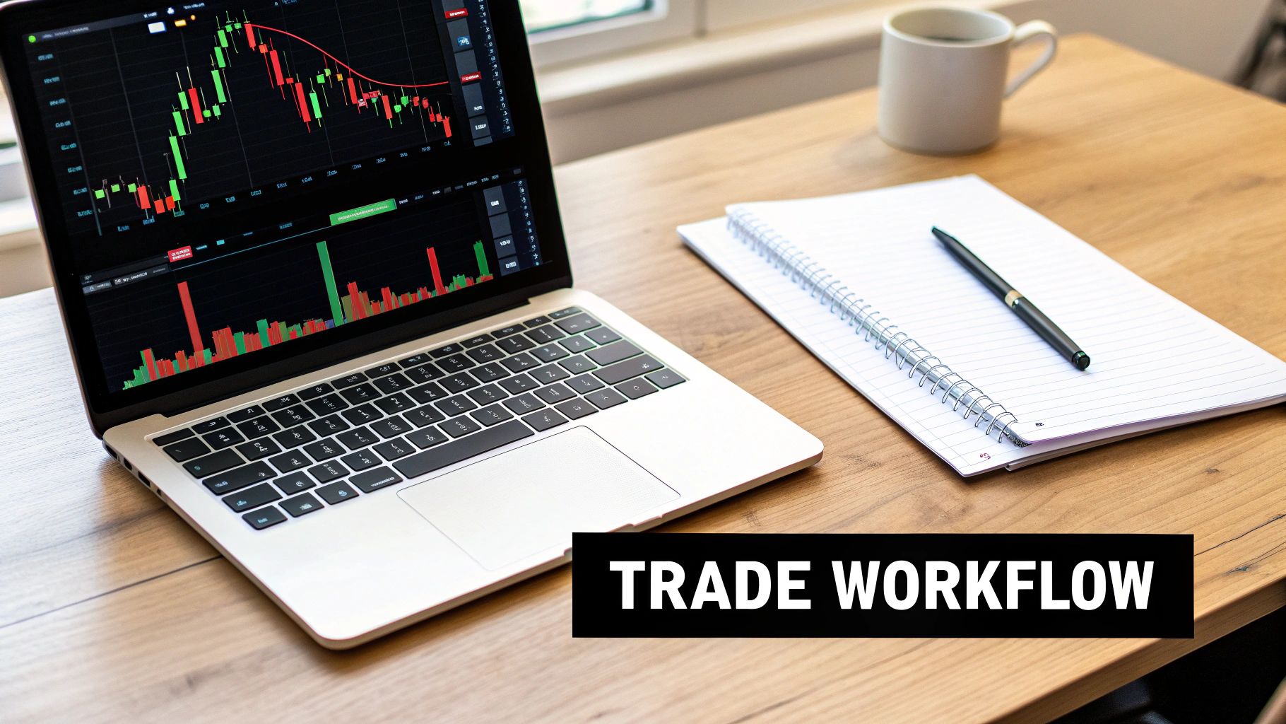Laptop displaying stock charts, a notebook, pen, and coffee on a wooden desk, illustrating a trade workflow.