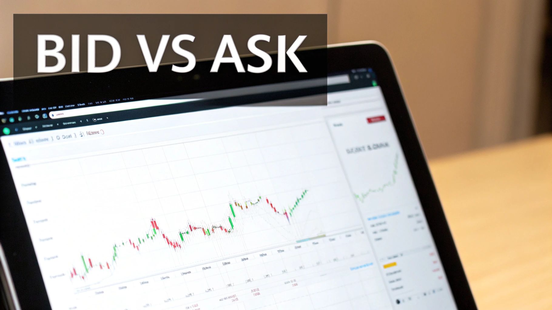 A tablet displays financial trading charts with green and red candlesticks, with 'BID VS ASK' text overlay.