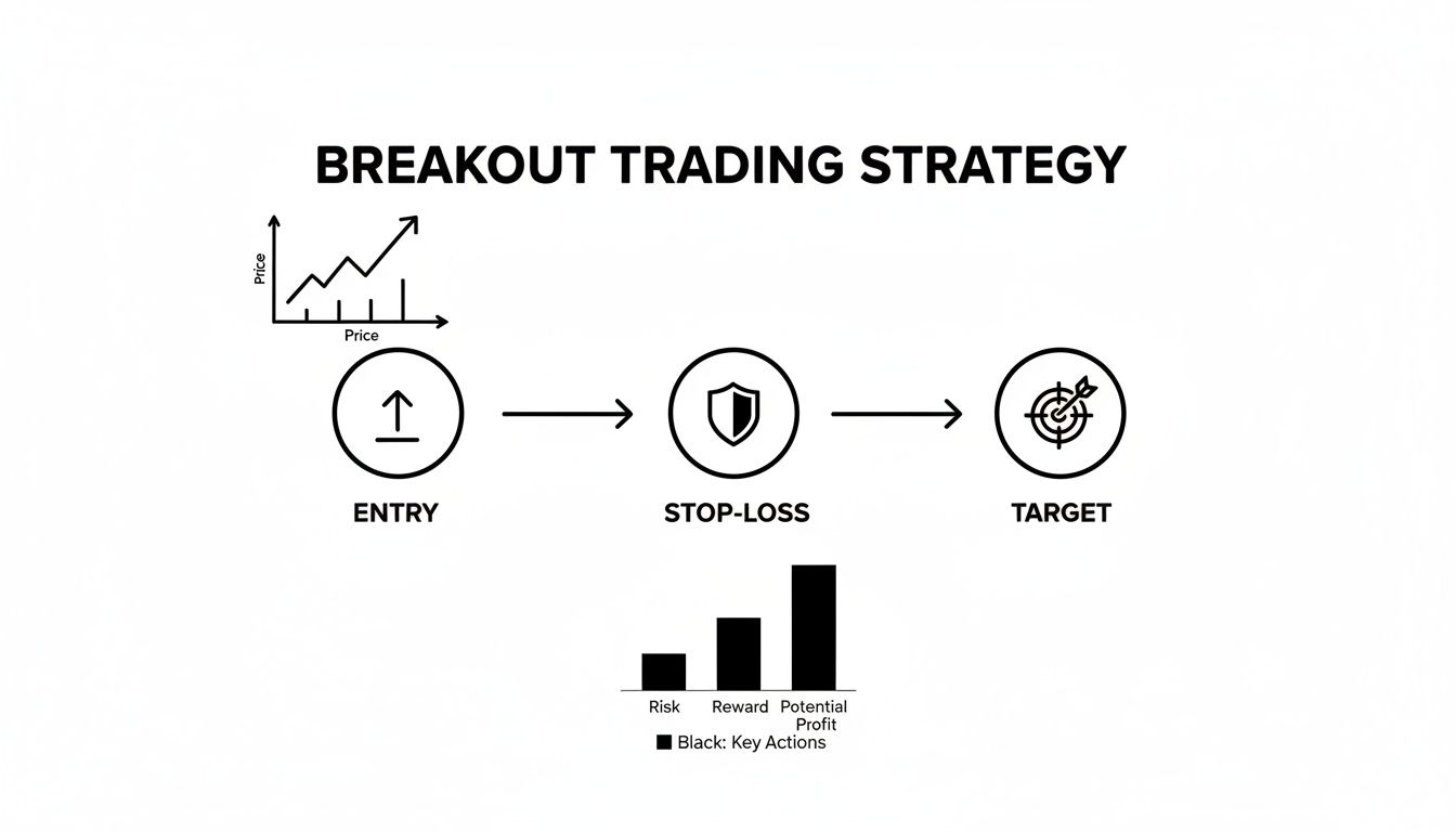 Diagram illustrating a breakout trading strategy: entry, stop-loss, and target with risk-reward analysis.