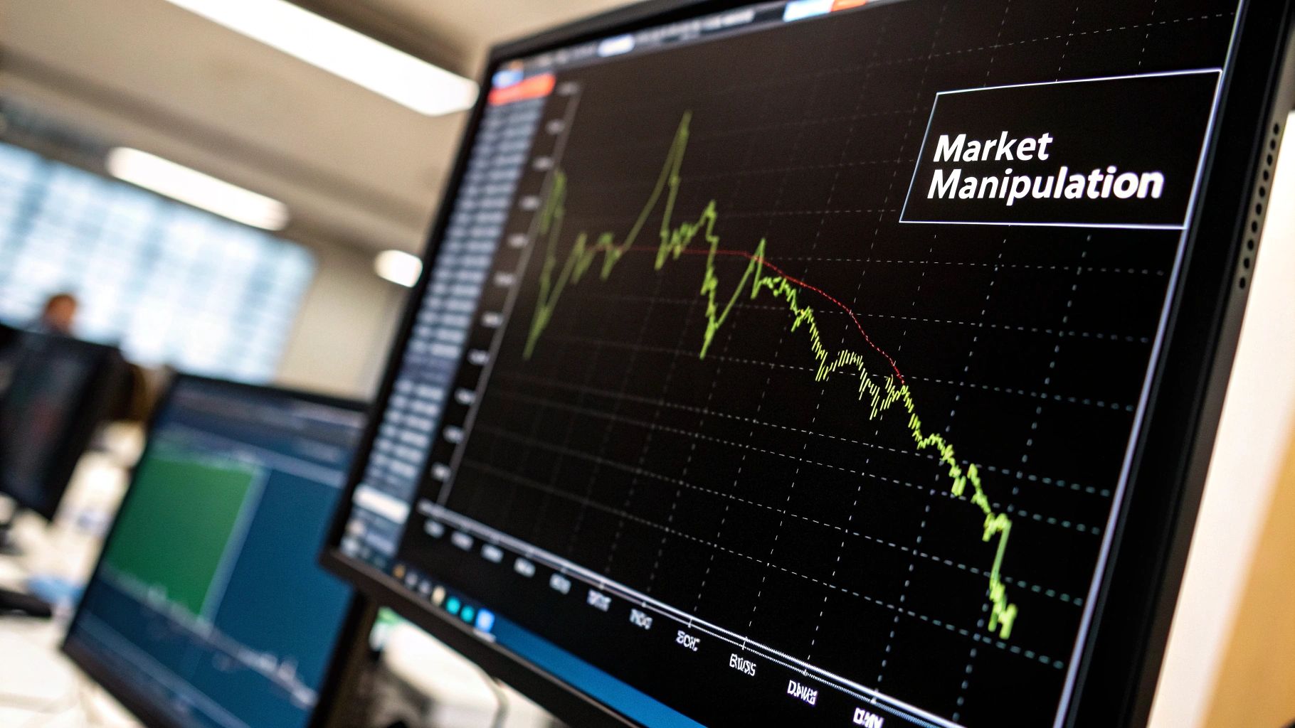 A stock market chart on a computer screen highlights 'Market Manipulation' during a downturn.