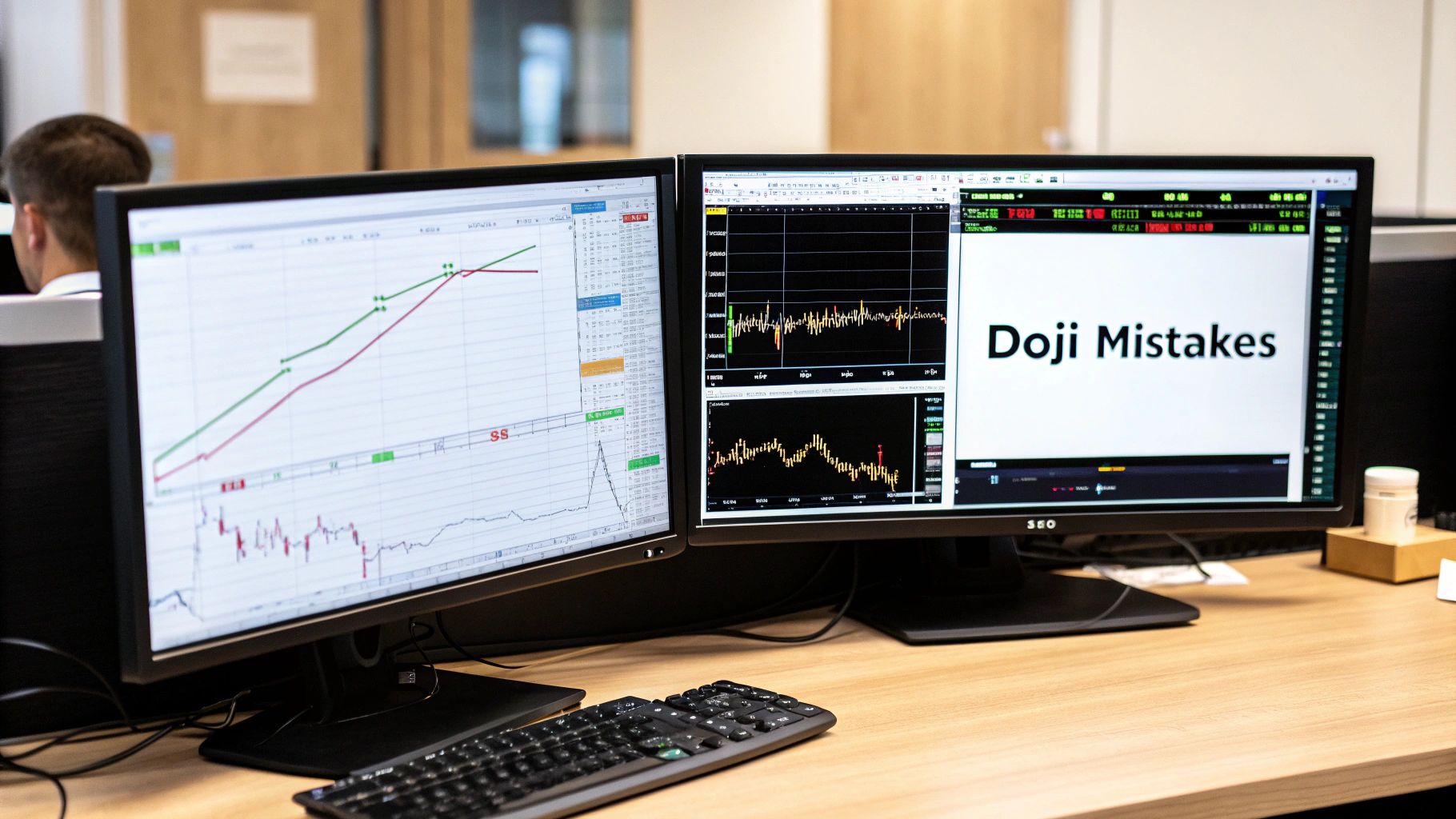 A trader looking at a complex financial chart with a look of confusion, representing the potential pitfalls of misinterpreting signals like a doji.