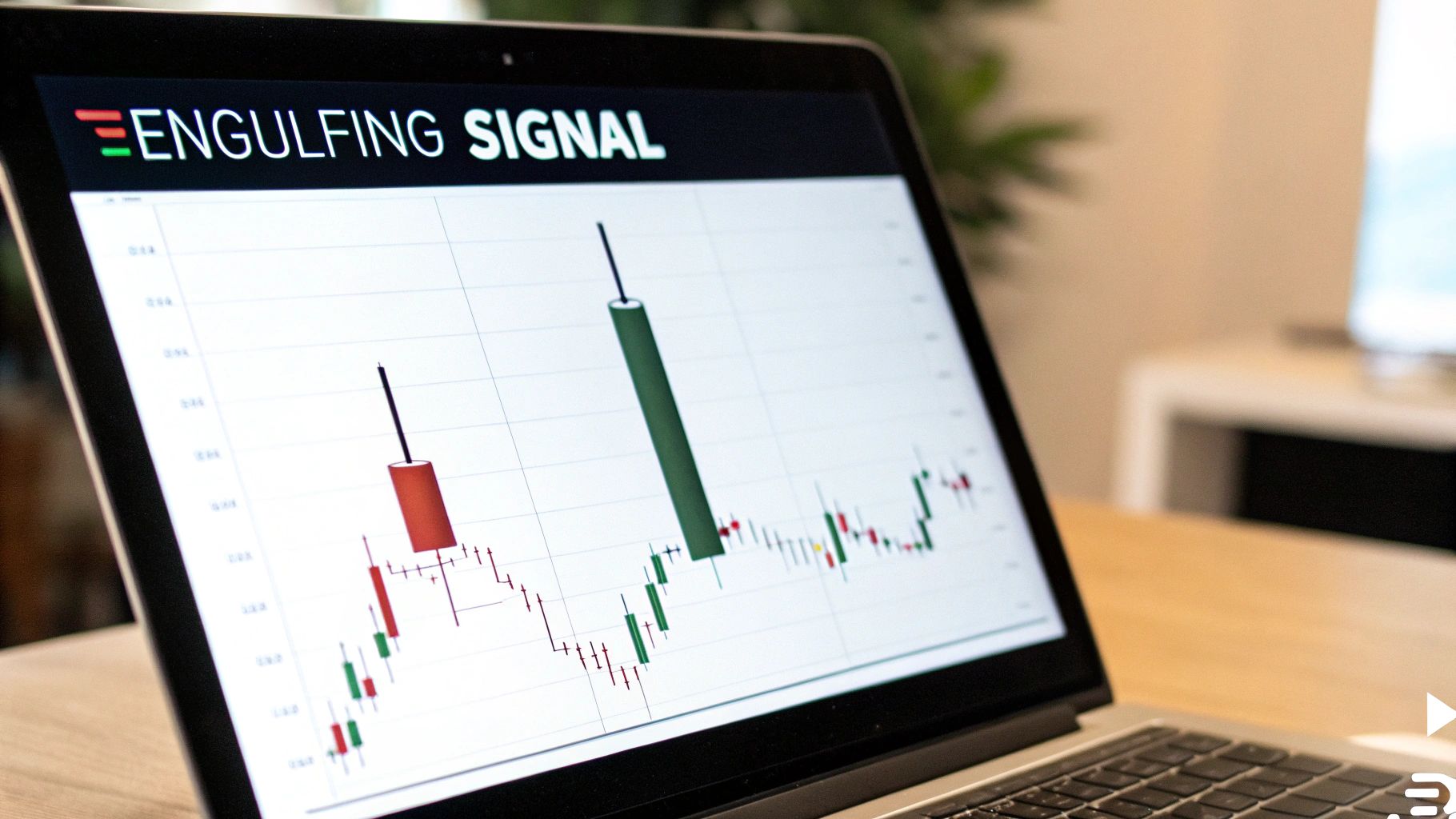 A laptop screen displays a financial chart with candlestick patterns, highlighting an 'Engulfing Signal'.