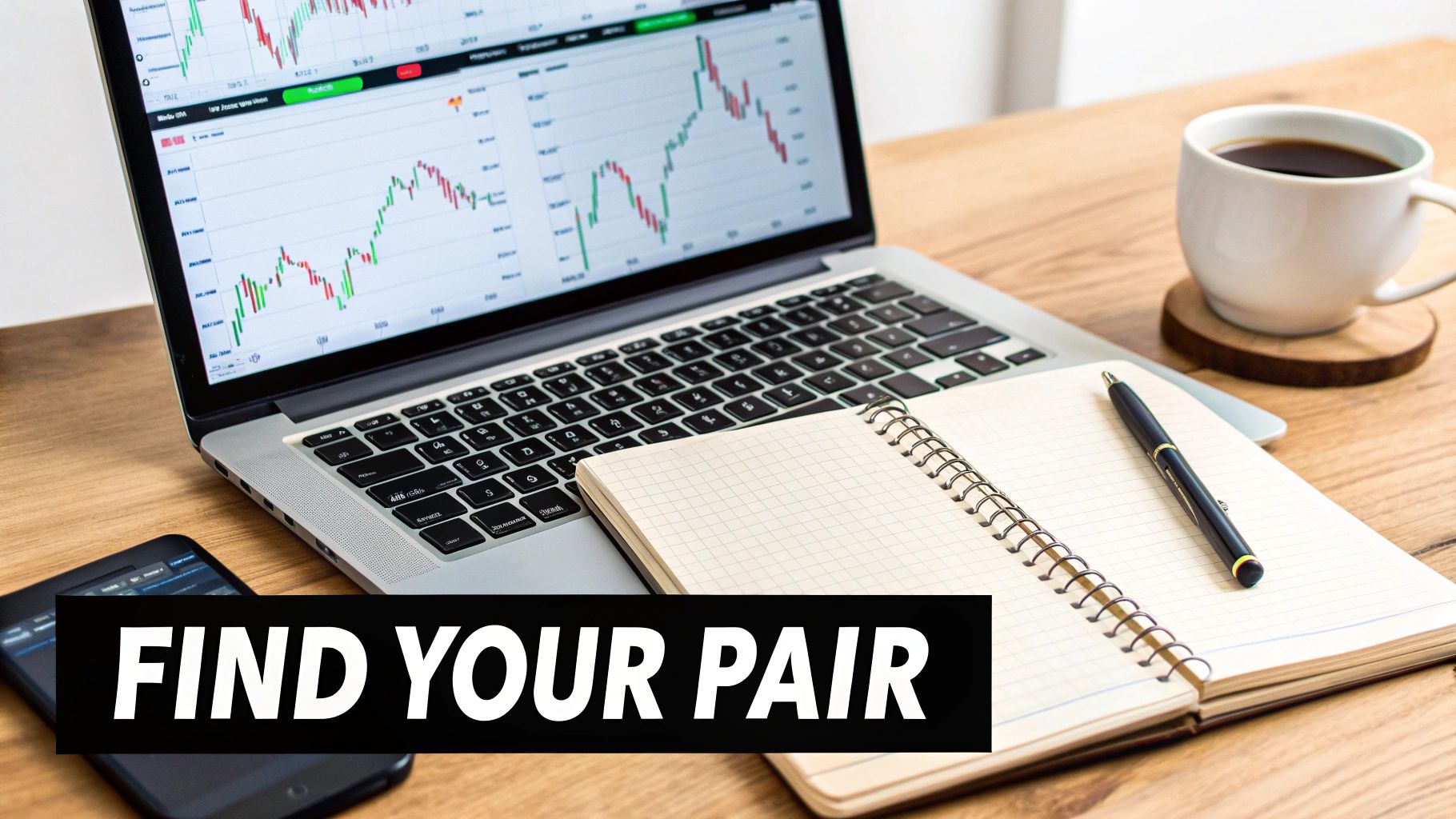A laptop displaying forex trading charts, a notebook with a pen, a coffee cup, and a smartphone on a wooden desk.