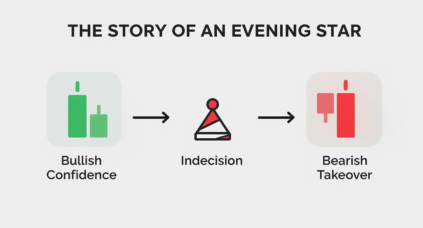 Infographic illustrating the evening star candlestick pattern progression from bullish confidence to bearish takeover.