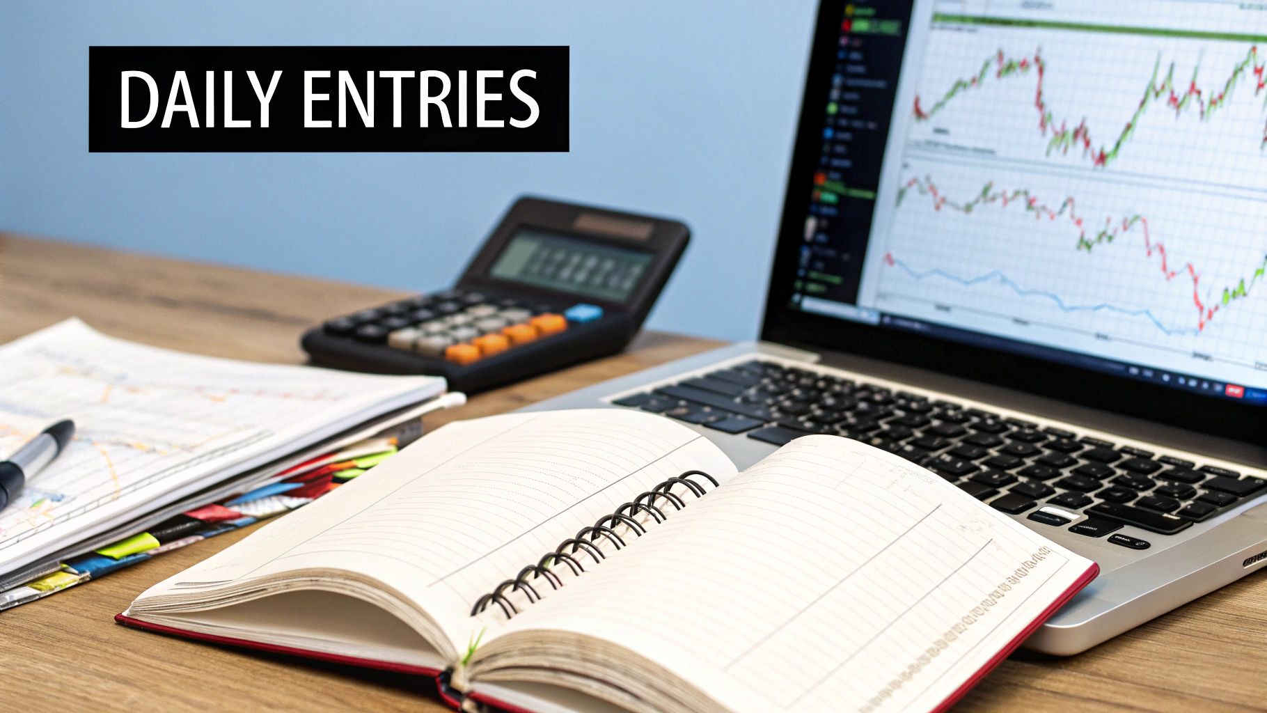 A trader customizing their journal on a tablet, with charts in the background.