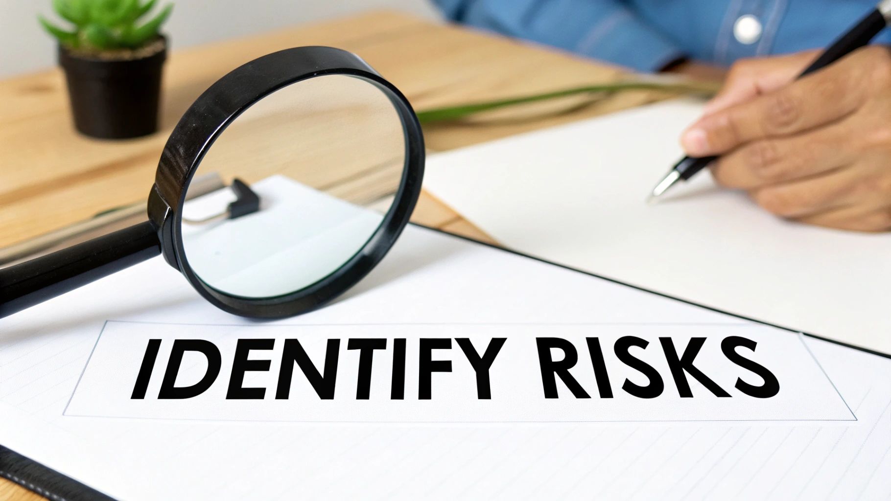 Magnifying glass over identify risks document on desk with person writing notes